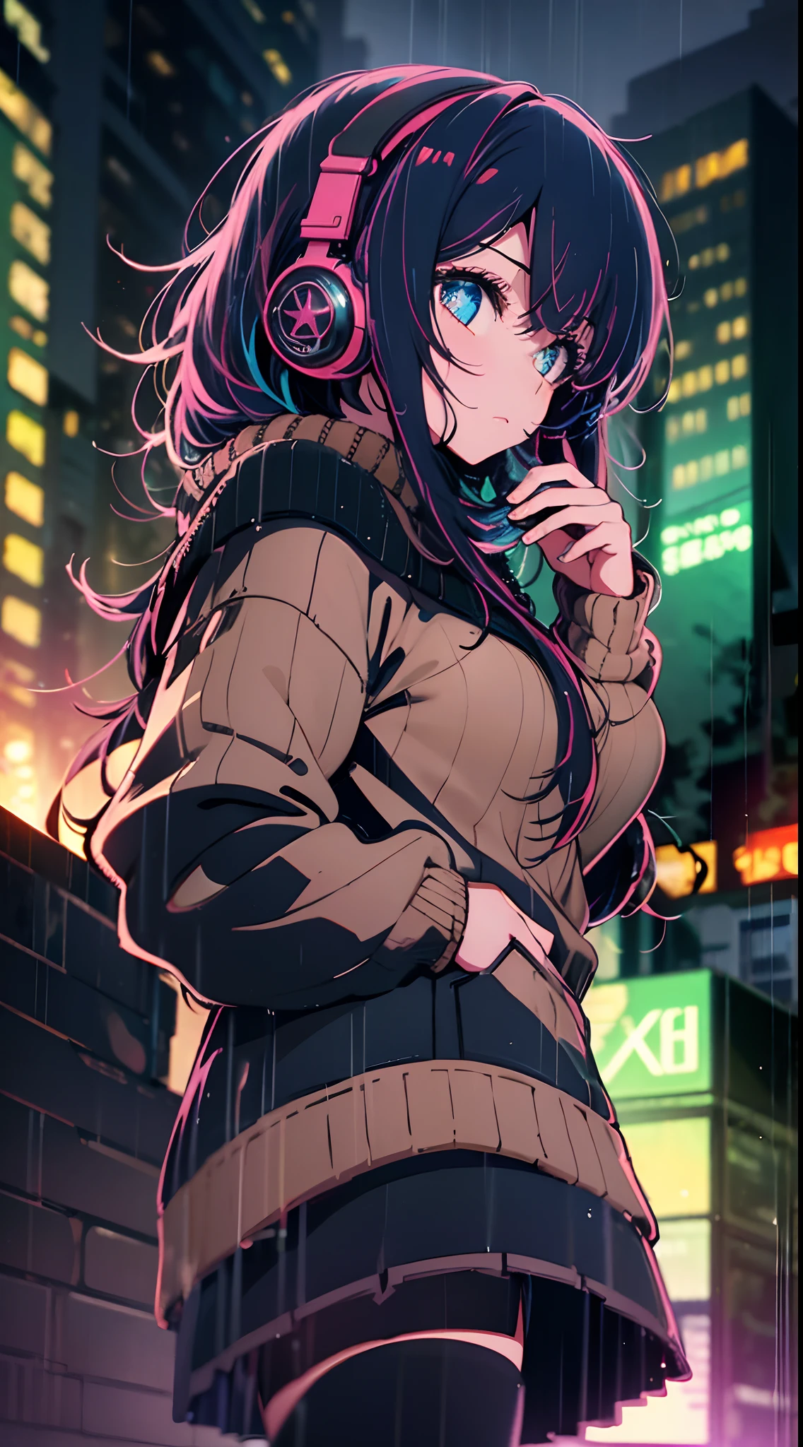 Night, colorful cyberpunk city background, rain, street, teenage girl in comfortable sweater, loli, head phone, black stockings, backlight, looking at the audience, low angle lens, looking up lens, perfect composition, perfect light and shadow delicate, 8k