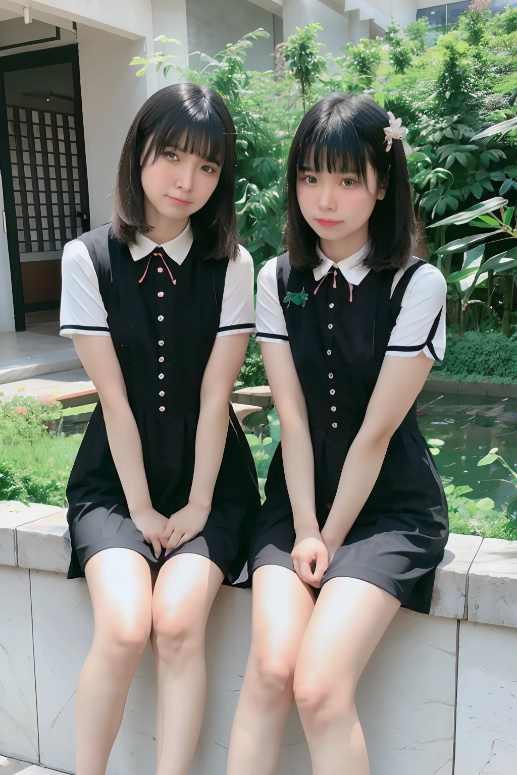 girls，Black hair，Green Chinese cheongsam，Garden bamboo in the background