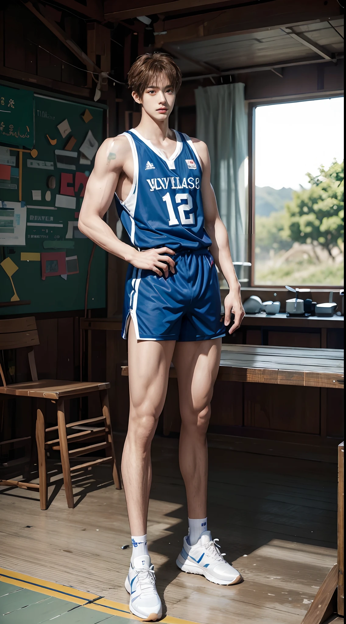 (((Best quality))),(((Ultra detailed))),(((Masterpiece)))，（Cute tall Shota：3），The height of a volleyball player，solo person，（full bodyesbian：3），（Stay away from the lens：3），Expose your legs，（revealing the whole body：2），（Frontal heads-up view：1.2），malefocus，（looking at viewert），16 yaers old，（Tall：3），（Tall guy：2），Super tall，（Height 300 cm：2），Excellent body proportions，muscular physique，（1.The shoulders are 5 times wider：1.2），（Slender straight legs：2.5），Slender feet，small heads，musculous，The face of the animated male protagonist，（Very detailed beautiful face and eyes：2），（Big bright eyes：1.2），Sharp eyeliner，Clear and beautiful face，exhilarated，（laughingly：2），short detailed hair，（Correct facial features），（tilts your head：1.5），（Men's basketball jersey：2)，Long sport men's socks，（Muscle firming：2），Strong，（Wide shoulders and narrow waist：2.2），Detailed muscle texture，Highlights muscle structure，in class room，（sitting upright：4），（full length shoot），ultra-realistic realism, (Photorealistic detail), Incredible accuracy, lifelike textures, masterful technique, Jaw-dropping precision, artistic dedication，（anatomy correct），Good lighting，exquisite detailing，Best quality，stunning masterpiece，CG，（Colored screen）