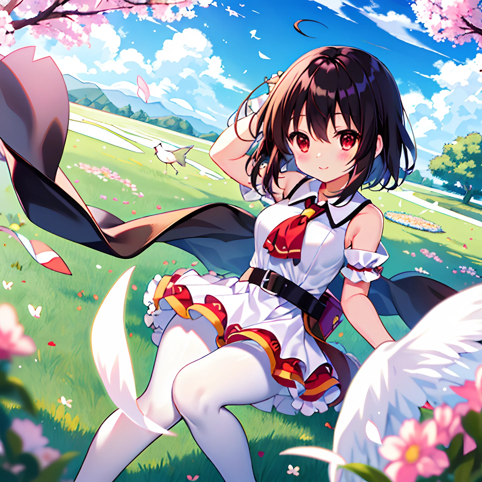 （Higher image quality），（tmasterpiece），（Detailed description of the eyes），（A detailed description of the face），1menina_megumin_konosuba，Red eyes，Black hair，（short detailed hair），short detailed hair（Float in the wind），hair adornments，white dresses，Large breasts，leges，White silk pantyhose，leather shoes，There are arms and hands behind the back，Blushlush，Fluttering grass，（springtime，SakuraNS），petals，（Lens reflections），altocumulus，Dazzling light， Cool breeze，[the cherry trees]'s（shadowing），grassy fields，（The grass is growing，Birds are flying），（lake，surface reflection）