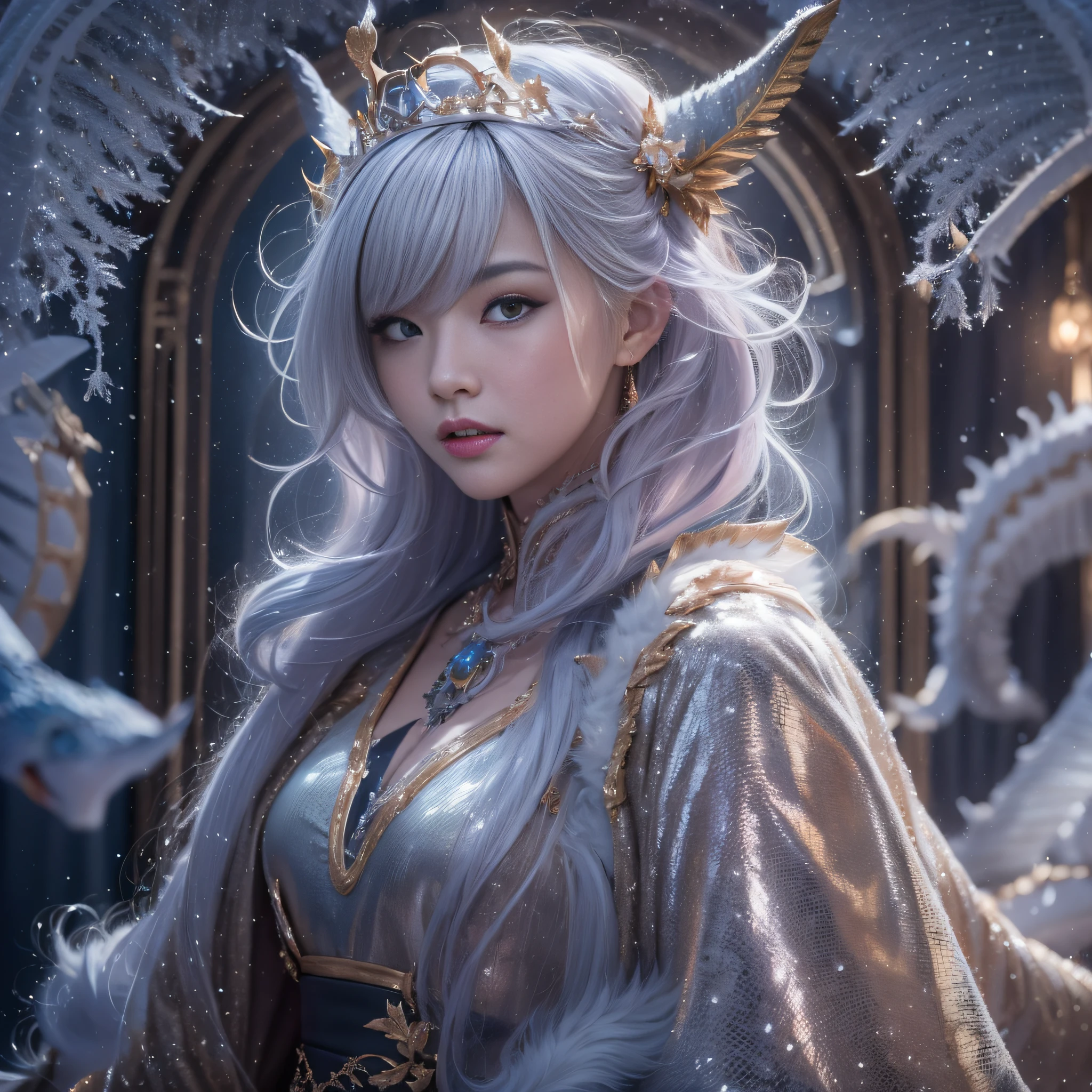 32K（tmasterpiece，k hd，hyper HD，16k）longblackhair，Vintage train in the back room，Snow Ring Rouge Girl ，Two ice dragon protectors （realisticlying：1.4），Python robe，Purple-pink tiara，Snowflakes fluttering，The background is pure， A high resolution， the detail， RAW photogr， Sharp Re， Nikon D850 Film Stock Photo by Jefferies Lee 4 Kodak Portra 400 Camera F1.6 shots, Rich colors, ultra-realistic vivid textures, Dramatic lighting, Unreal Engine Art Station Trend, cinestir 800，