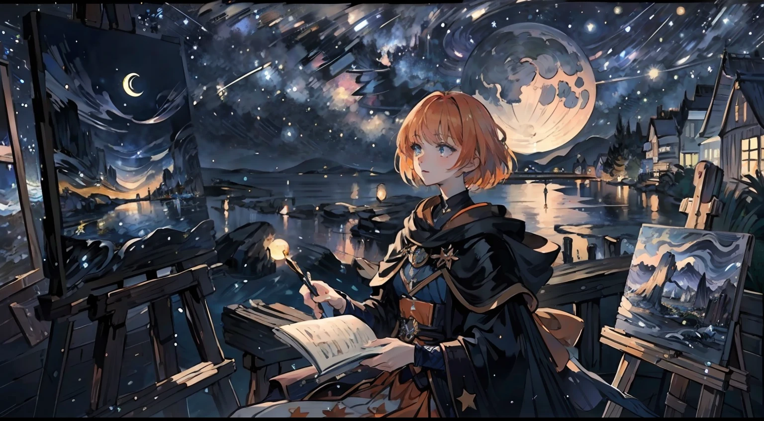 Looking up, Orange hair, Blue eyes, Shining eyes,l Girls ,The beautiful,shiny costume,fantasy,short detailed hair,Van Gogh(FGO),Perfectcomposition, 8K,starrysky,《Starry nights》,ssmile,paint brushes,Color,pigment,Exquisite,a sense of atmosphere,aethereal,Light,painting of a,Watercolor atmosphere,subtle,themoon,Manhwa Style,multicolour,Brightly colored,Color Palette,himawari