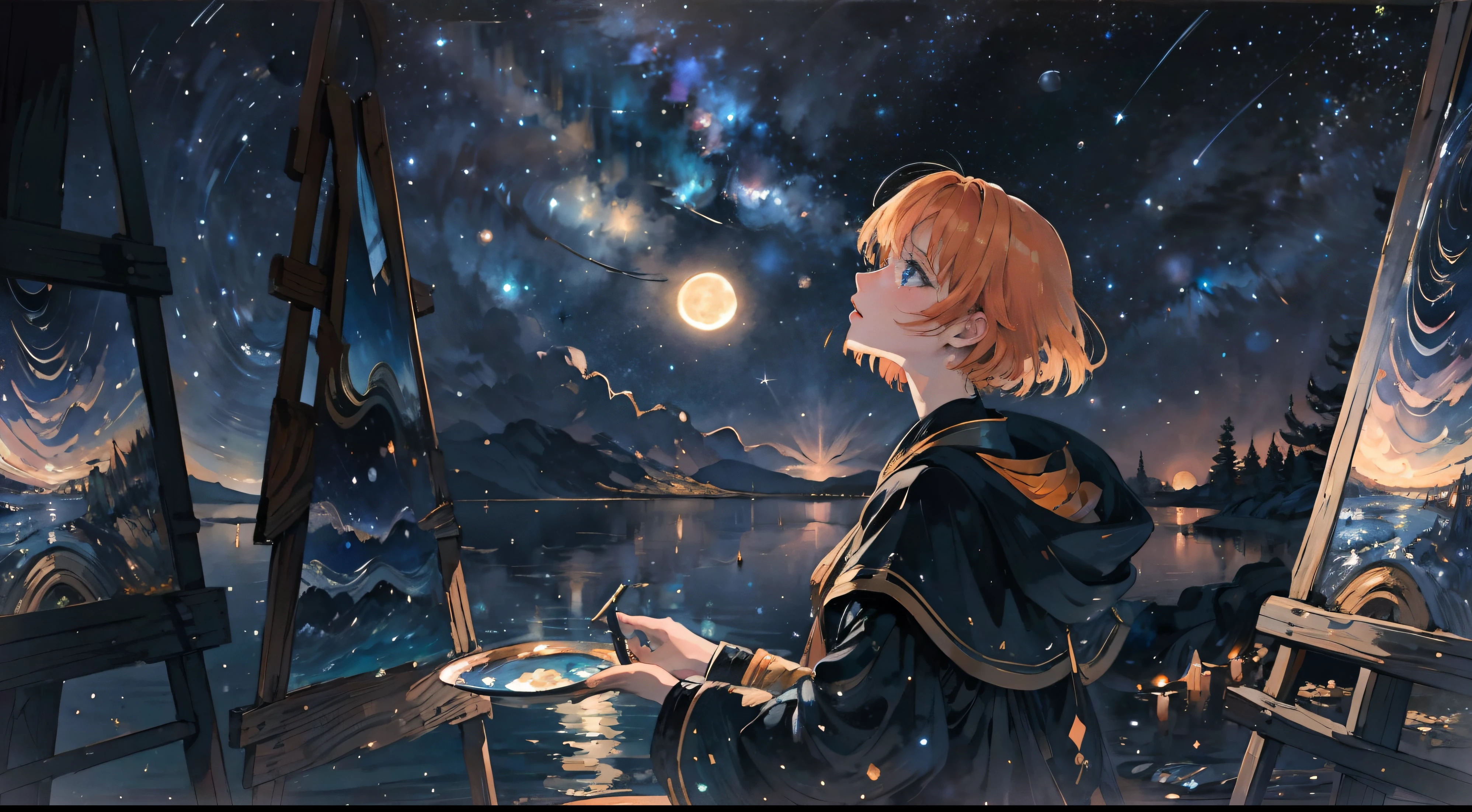Looking up, Orange hair, Blue eyes, Shining eyes,l Girls ,The beautiful,shiny costume,fantasy,short detailed hair,Van Gogh(FGO),Perfectcomposition, 8K,starrysky,《Starry nights》,ssmile,paint brushes,Color,pigment,Exquisite,a sense of atmosphere,aethereal,Light,painting of a,Watercolor atmosphere,subtle,themoon,Manhwa Style,multicolour,Brightly colored,Color palette,himawari