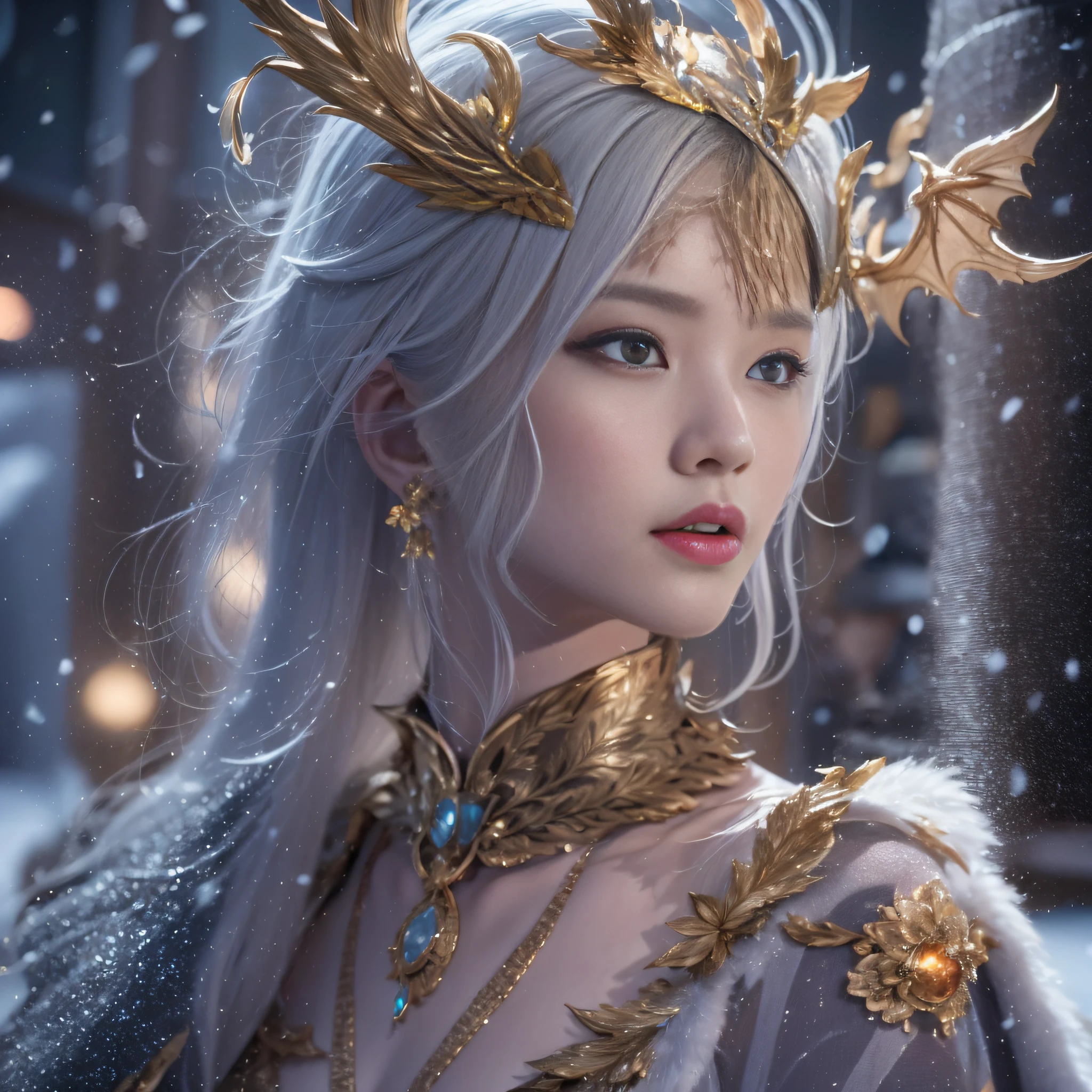 32K(tmasterpiece,k hd,hyper HD,16k)with short black hair,Vintage train in the back room,Snow Ring Rouge Girl ,Two Golden Dragon Protectors (realisticlying:1.4),Python robe,Purple-pink tiara,Snowflakes fluttering,The background is pure, A high resolution, the detail, RAW photogr, Sharp Re, Nikon D850 Film Stock Photo by Jefferies Lee 4 Kodak Portra 400 Camera F1.6 shots, Rich colors, ultra-realistic vivid textures, Dramatic lighting, Unreal Engine Art Station Trend, cinestir 800,