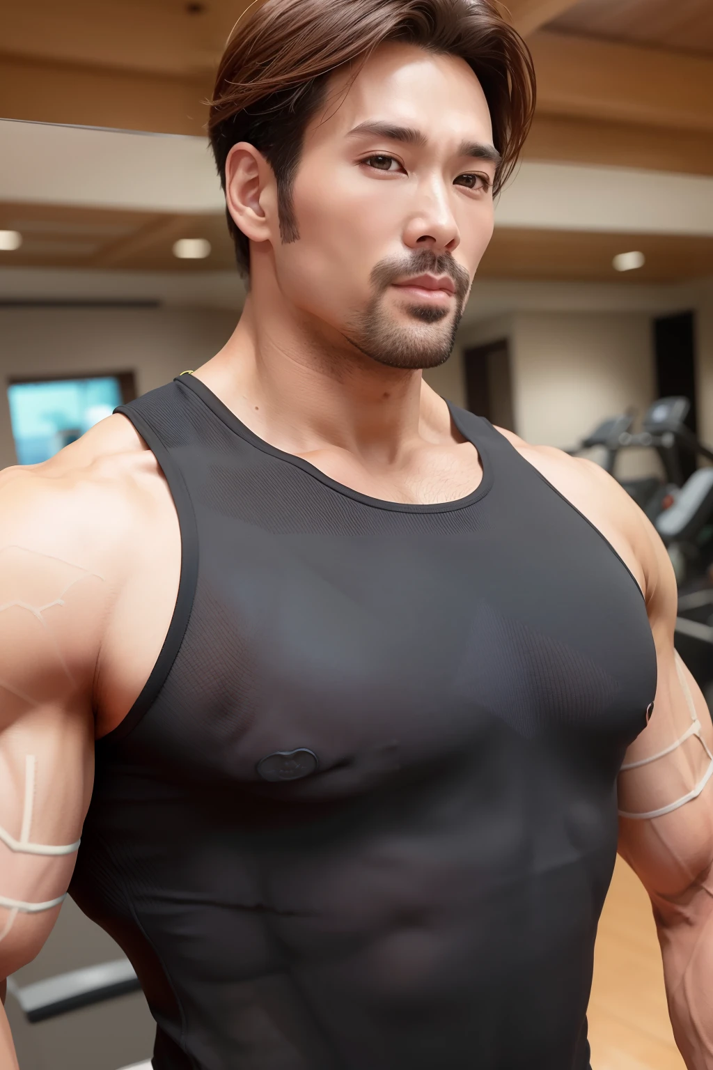 独奏， looking at viewert， short detailed hair，  Keep one's mouth shut， The upper part of the body， malefocus，，musculous， background of a gym， black tanktop， chest muscle， big muscular male， Bala， large pecs， Mature male， Realistis