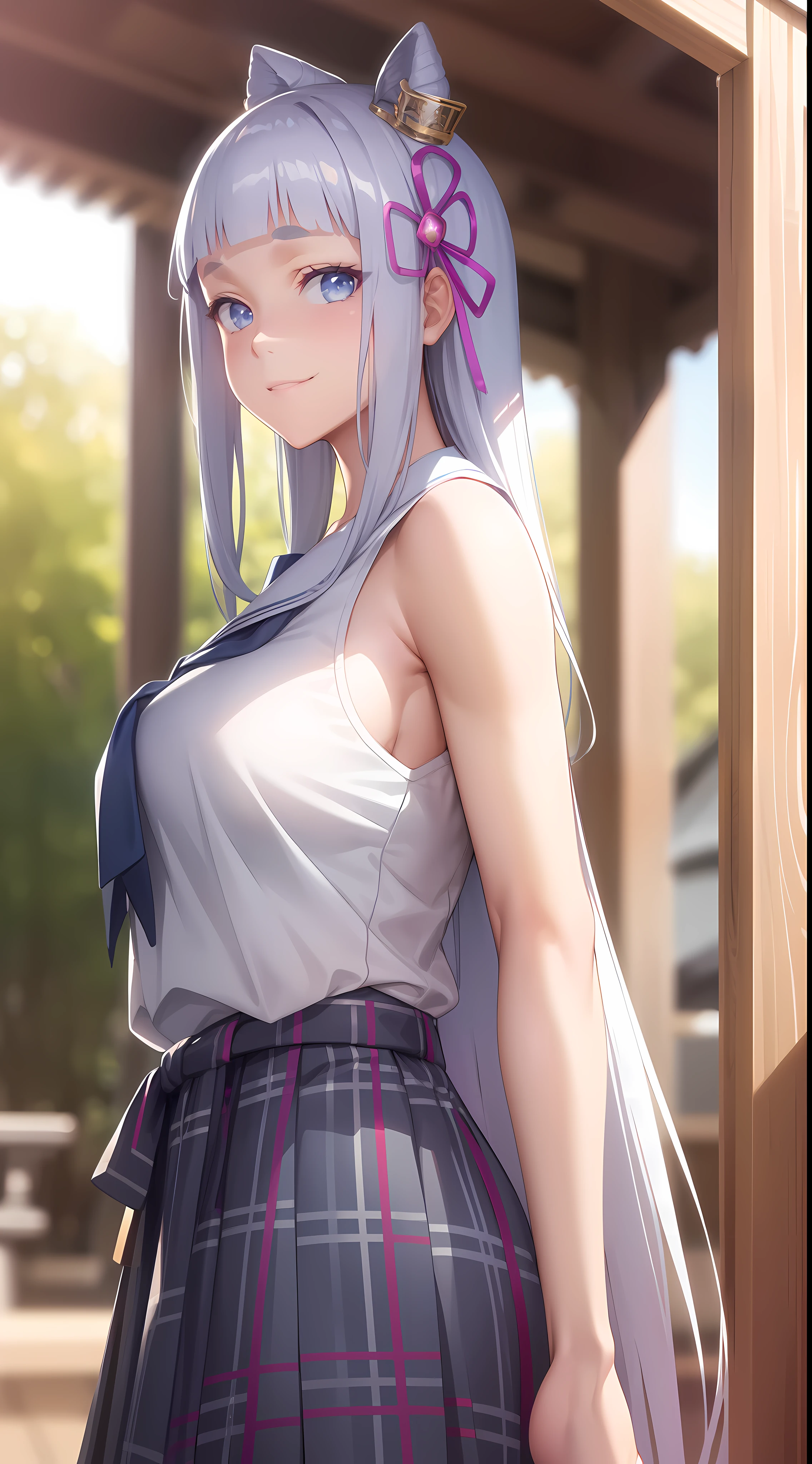 hair ornament, very long hair, japanese clothes, professional artwork, Intricate Details, field of view, sharp focus, detailed painting, photorealistic lighting, trending on pixiv, Standing at attention, ((school girl, summer school outfit)), ((large breasts:1,3)), Beautiful body,Beautiful Nose,Beautiful character design, perfect eyes, perfect face, looking at viewer, SFW,official art,extremely detailed CG unity 8k wallpaper, perfect lighting,Colorful, Bright_Front_face_Lighting, (masterpiece:1.0),(best_quality:1.0), ultra high res,4K,ultra-detailed, photography, 8K, HDR, highres, absurdres:1.2, Kodak portra 400, film grain, blurry background, bokeh:1.2, lens flare, (vibrant_color:1.2), shikkoku_yorihime, (happy smile, cheers), ((looking at viewer, front body pose, front view))