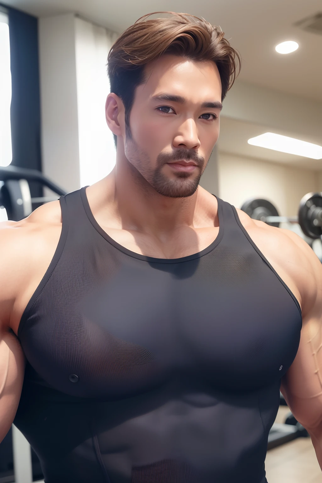 独奏， looking at viewert， short detailed hair，  Keep one's mouth shut， The upper part of the body， malefocus，，musculous， background of a gym， black tanktop， chest muscle， big muscular male， Bala， large pecs， Mature male， Realistis