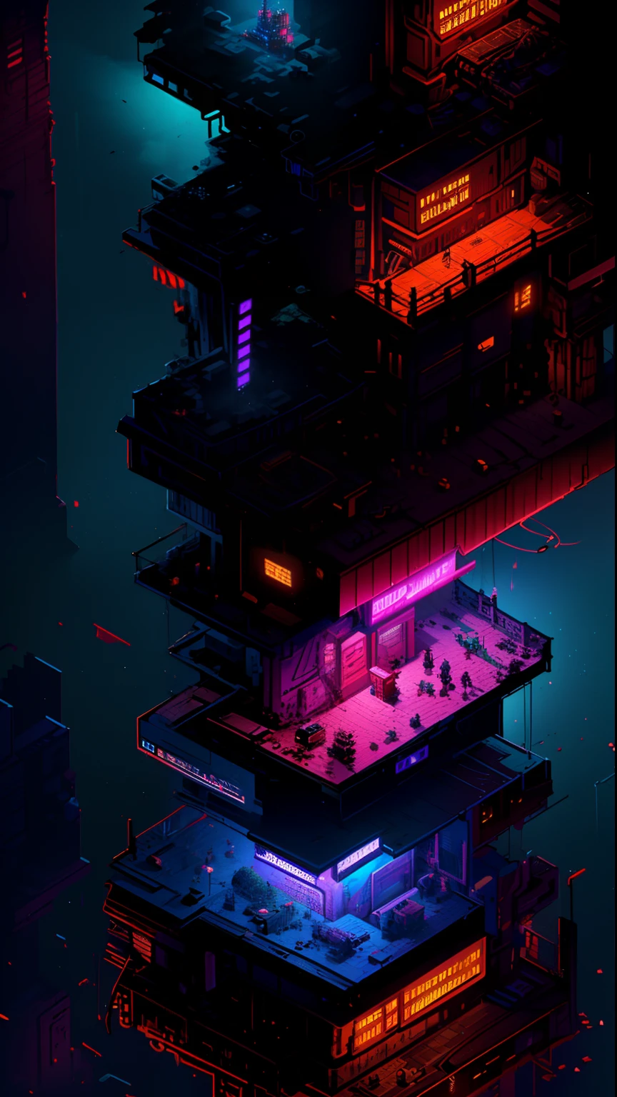 ((Best quality)), ((masterpiece)), (highly detailed:1.3), 3D,(Isometric:1.4),No Humans,StackedCityAI, Welcome to NeoCircuit, a sprawling megacity where neon-lit skyscrapers pierce the night sky and luminescent circuitry weaves through every facet of life. In this isometric cyberpunk metropolis, where reality intertwines with the digital realm, you find yourself at the heart of a thrilling conspiracy.As you navigate the dizzying streets, your eyes are drawn to the mesmerizing glow of the elevated data highways that crisscross the cityscape. Streams of vibrant light pulse with information, connecting the denizens of NeoCircuit to a world of limitless possibilities. The isometric view reveals the city's intricate layers, showcasing the bustling streets, towering arcologies, and clandestine alleyways that hide both secrets and opportunities.But within this neon-lit labyrinth, something sinister lurks in the shadows. The city's power brokers, elusive hackers, and corrupt corporations vie for control, employing advanced technology to manipulate the city's inhabitants. A powerful AI, known as the Oracle, pulls the strings from the depths of cyberspace, its true intentions veiled in enigma.You, an unlikely protagonist, possess unique skills that make you a target and a potential savior. Equipped with a cutting-edge neural implant and augmented reality interface, you possess the ability to unravel the city's mysteries and expose the truth behind NeoCircuit's dark underbelly. The isometric perspective captures the city's sprawling complexity, offering glimpses into hidden corners and secret hideouts, each holding clues to the grand puzzle that awaits.As you delve deeper into the neon-drenched underworld, you encounter a diverse cast of characters, each with their own motivations and agendas. Street-level hackers, rogue operatives, and enigmatic rebels become your allies and adversaries in this high-stakes game of survival. The isometric view allows you to strategize your ever