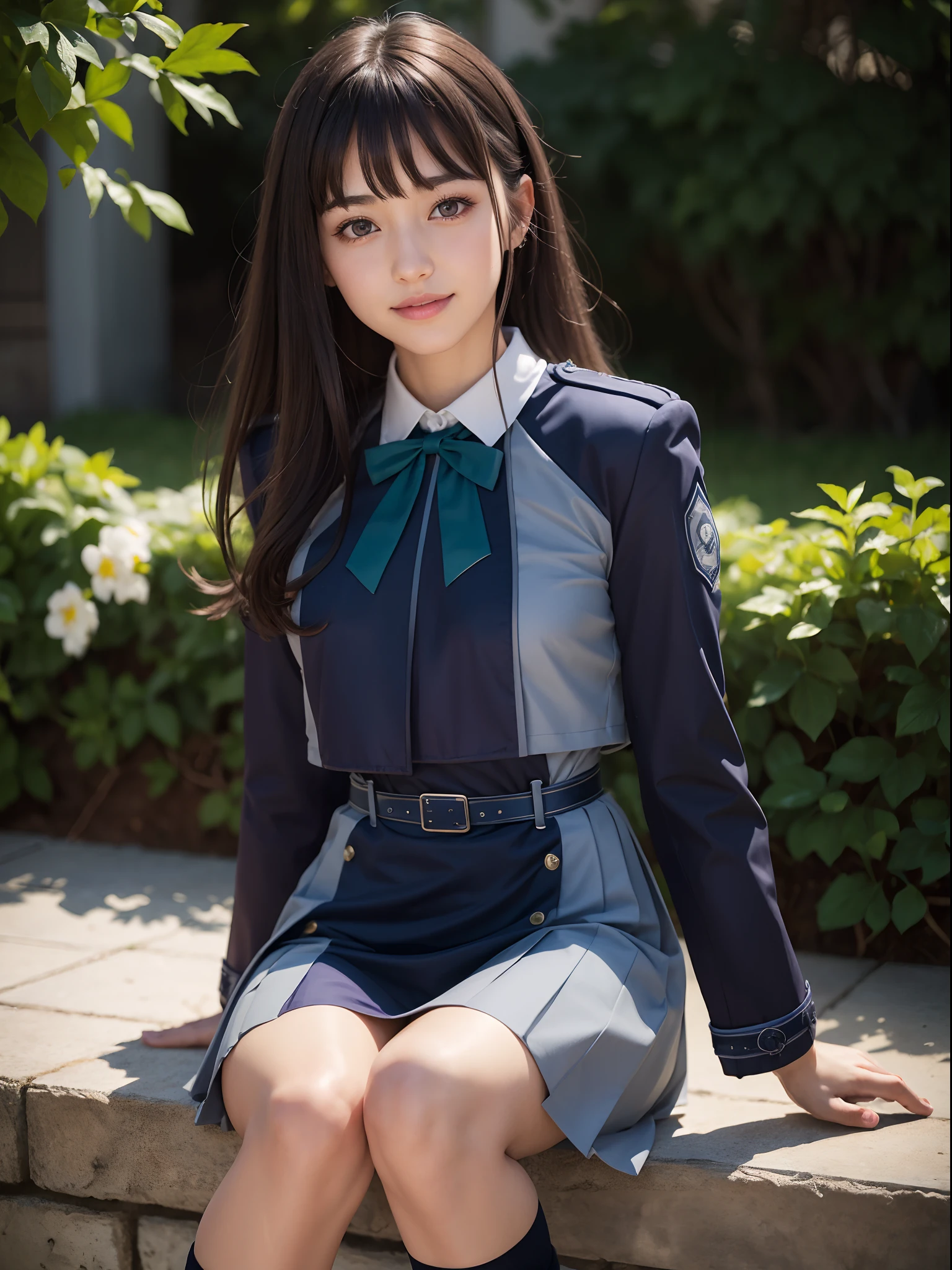 (masterpiece, best quality:1.4), (full body), (sitting on the garden:1.2), happy smile, big smile, 1girl, solo, inoue takina, long hair, bangs, black hair, (purple eyes:1.2), BREAK shirt, long sleeves, dress, ribbon, school uniform, white shirt, collared shirt, belt, neck ribbon, blue dress, green ribbon, pleated dress, grey dress, two-tone dress, blue belt, (lycoris uniform:1.5), looking at viewer, beautifull smile, beautiful face, highly detailed face, highly detailed eyes, highly detailed skin, skin pores, subsurface scattering, realistic pupils, full face blush, full lips, detailed background, depth of field, volumetric lighting, sharp focus, absurdres, realistic proportions, good anatomy, (realistic, hyperrealistic:1.4), 16k hdr,