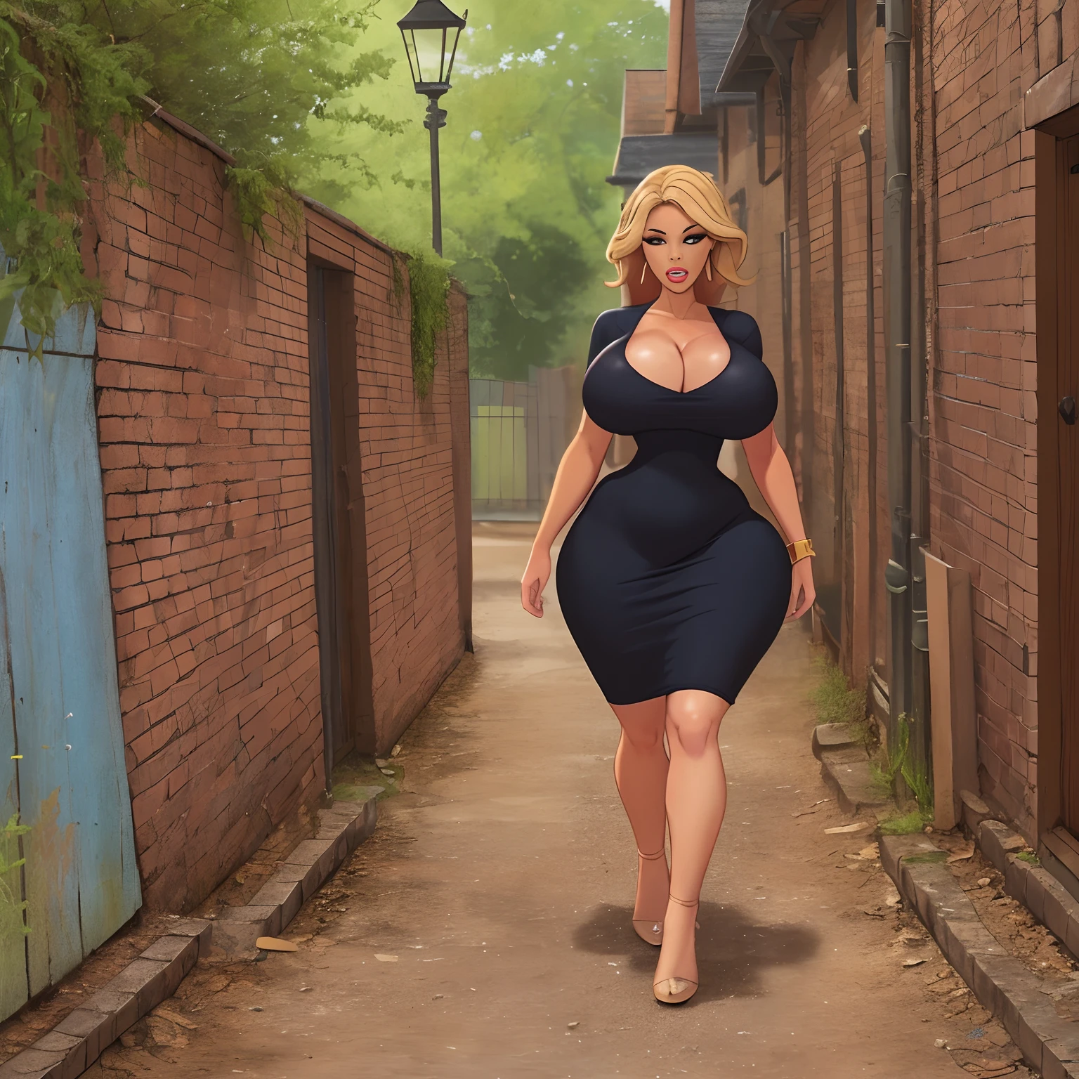 "1 girl, walking in a tight dress, round breasts, curvy figure, in a cartoon style, vibrant colors, high resolution (8K or 4K), enhanced dynamic range (HDR)."