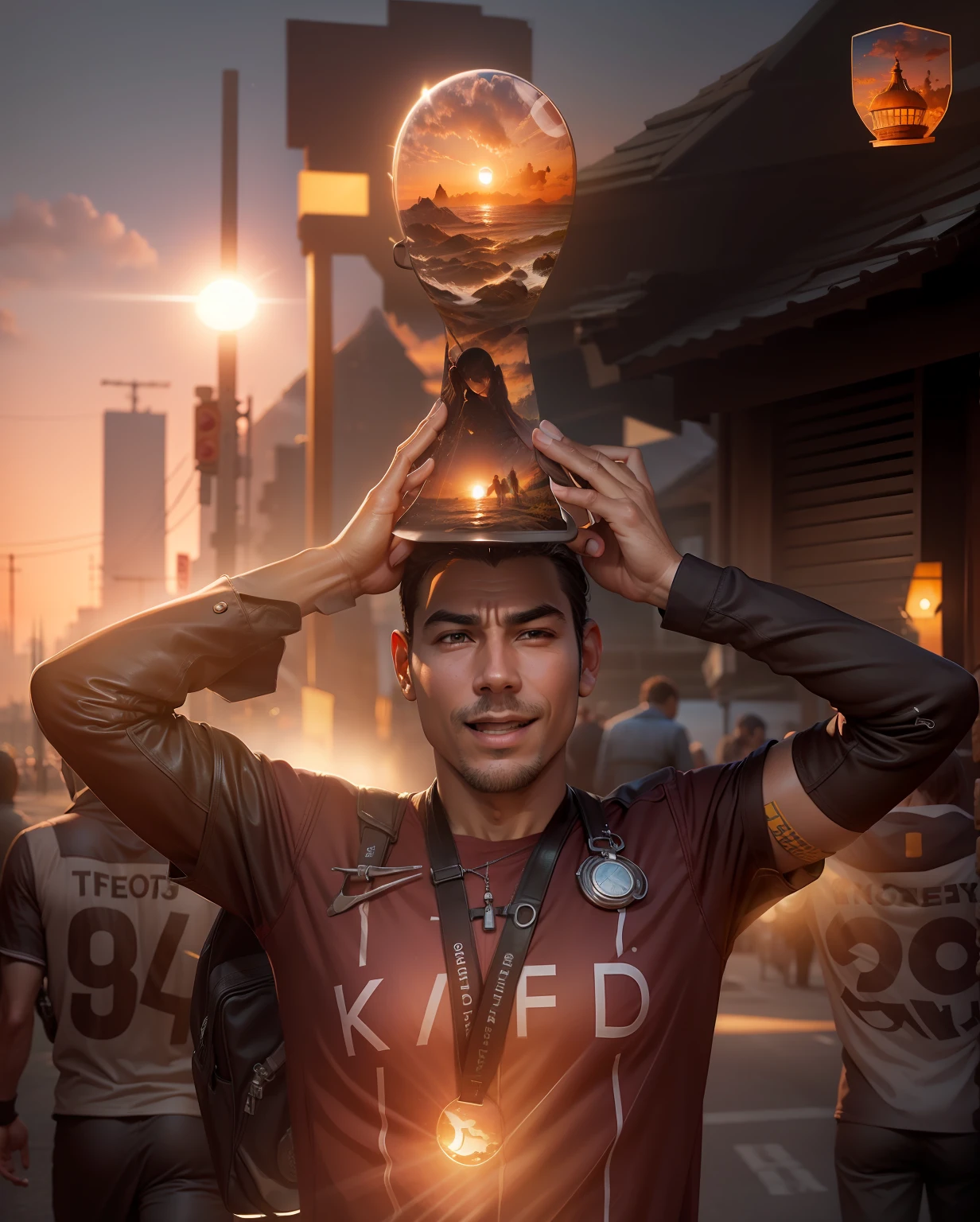 Change beckground to sunrise and realistic face