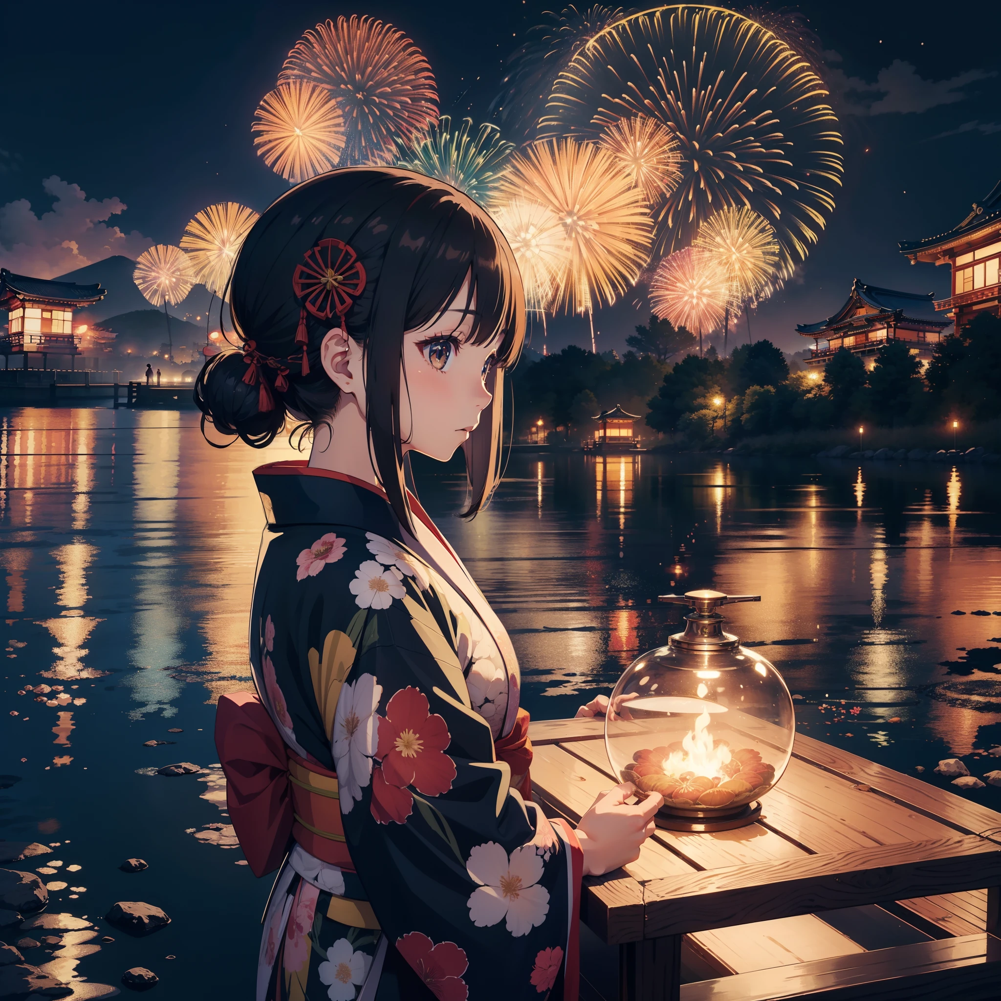 Massive landscape、Top image quality、8K、Profile of a girl in a yukata、shrines、Festival of the Japan、dark ilumination、Fireworks、Your name is、独奏、colourfull、Intricate details、florals、waterface、