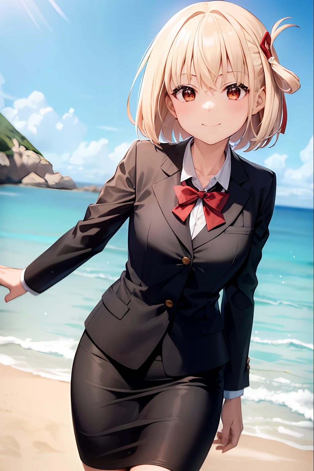 1girl, chisato nishikigi, suit, beach background, office lady, black skirt, black blazer, pencil skirt, white shirt, blonde hair, bob cut, hair ornament, red hair ribbon, short smile, ager,