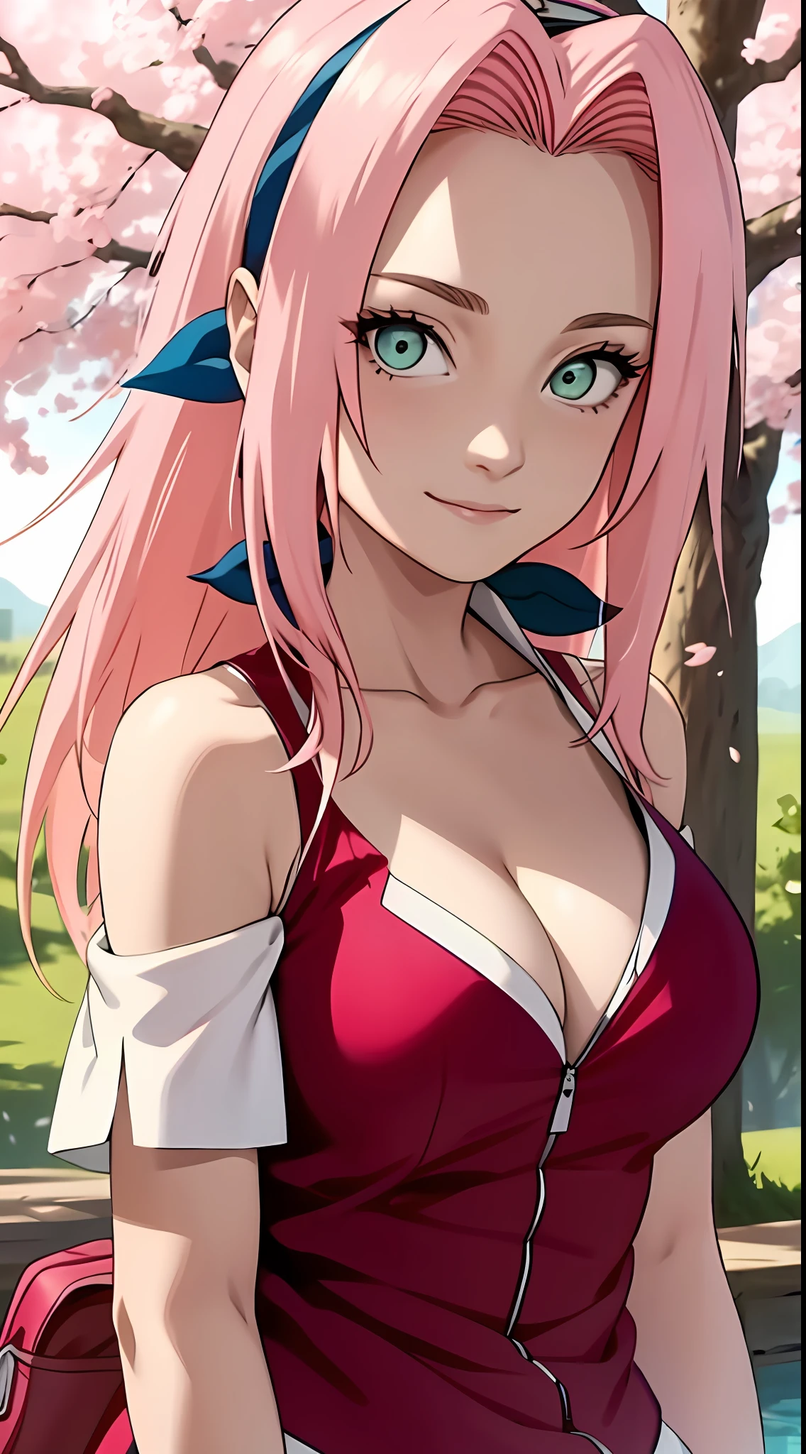 tmasterpiece, Best quality at best, 1girll, Sakura Haruno, Large breasts,Off-the-shoulder attire,(cleavage),(upperbody closeup),Raised sexy,is shy,ssmile,with pink hair, long whitr hair, (Green eyeballs:1.4), Forehead protection, the cherry trees,Cherry blossoms flying,Red clothes,Zipper half