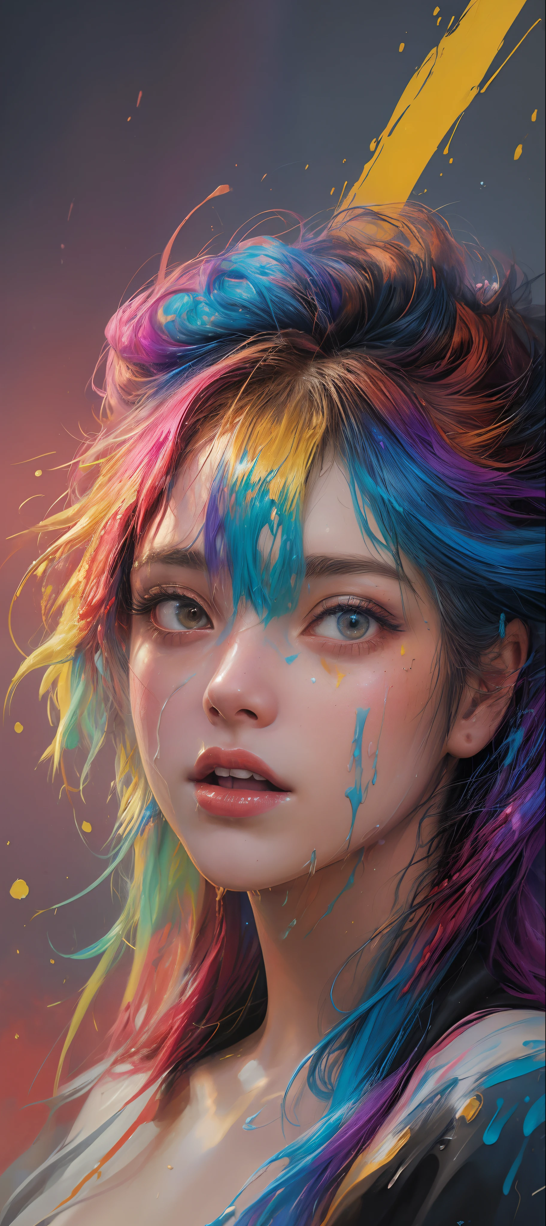 (level difference:1.8),(Paint colliding and splashing on the canvas),(depth of field),1girl's side face blends into it,(side face),open mouth,(liquid paint rainbow hair:1.1) made of paint and defies gravity,thick flowing,(paint splatter:1.3),Liquid state,stunningly beautiful, masterpiece, detailed background,ultra high quality model, ethereal background,abstract beauty, explosive volumetric, oil painting,heavy strokes,Romantic lighting,Sub-Surface Scatterring,lens 135mm,f1.8,glow,8k,high resolution, dreamy,ray tracing,hdr,god rays,