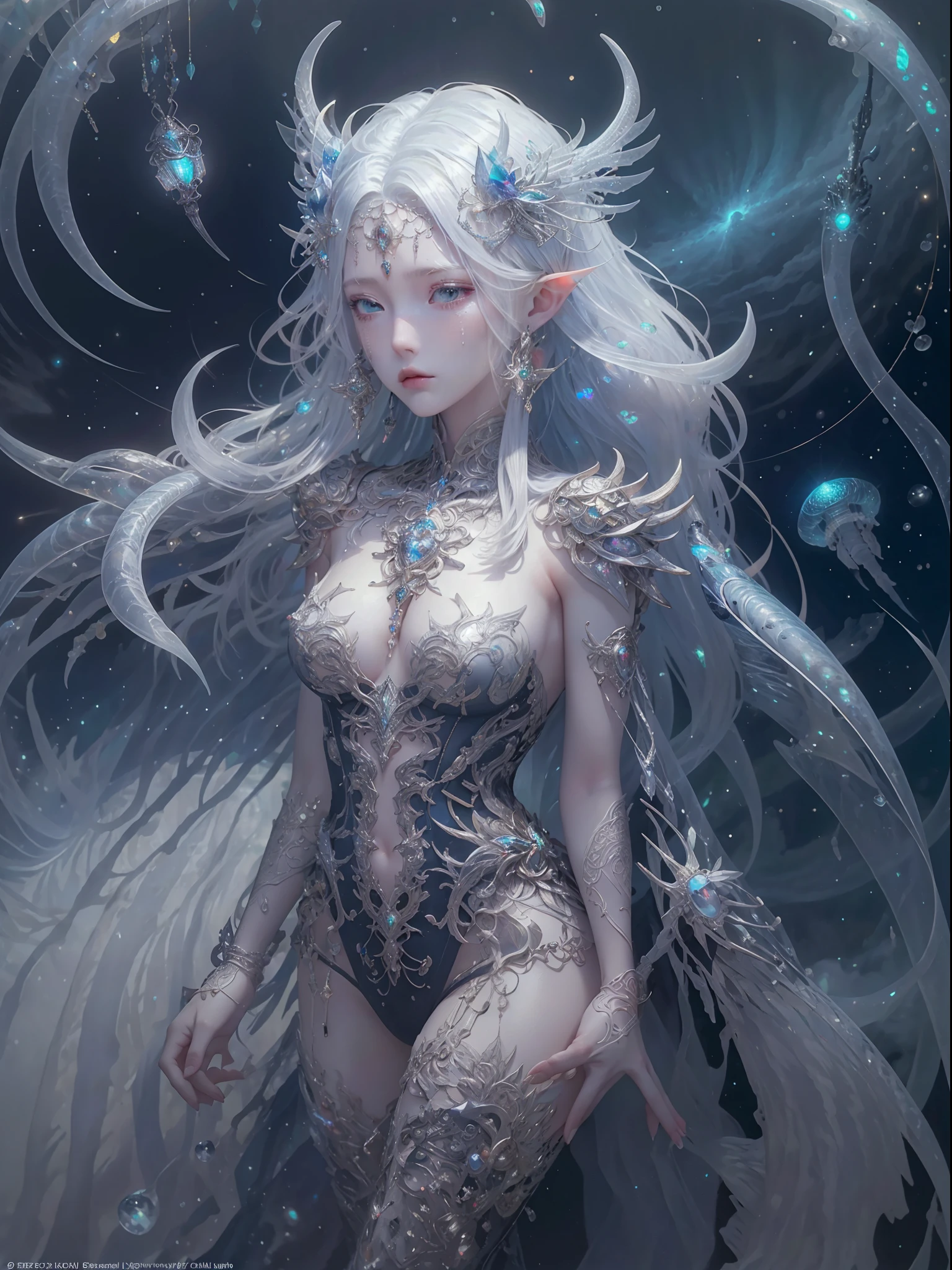 Masterpiece, High Quality, Ocean Forest, City, Fantastic Fantasy, Glowing Plants, Coral Viaduct, (Swarm of Glowing Jellyfish), (Shoal of Fish with Transparent Wings Flying in the Sky), Misty, Extreme Detail, Morning Light, Epic Composition, (Intricate Detail), (Intricate Design, Ultra Detail: 1.2), Art Station, (Masterpiece, Best Quality), Ultra HD, 32k ,castle,1girl