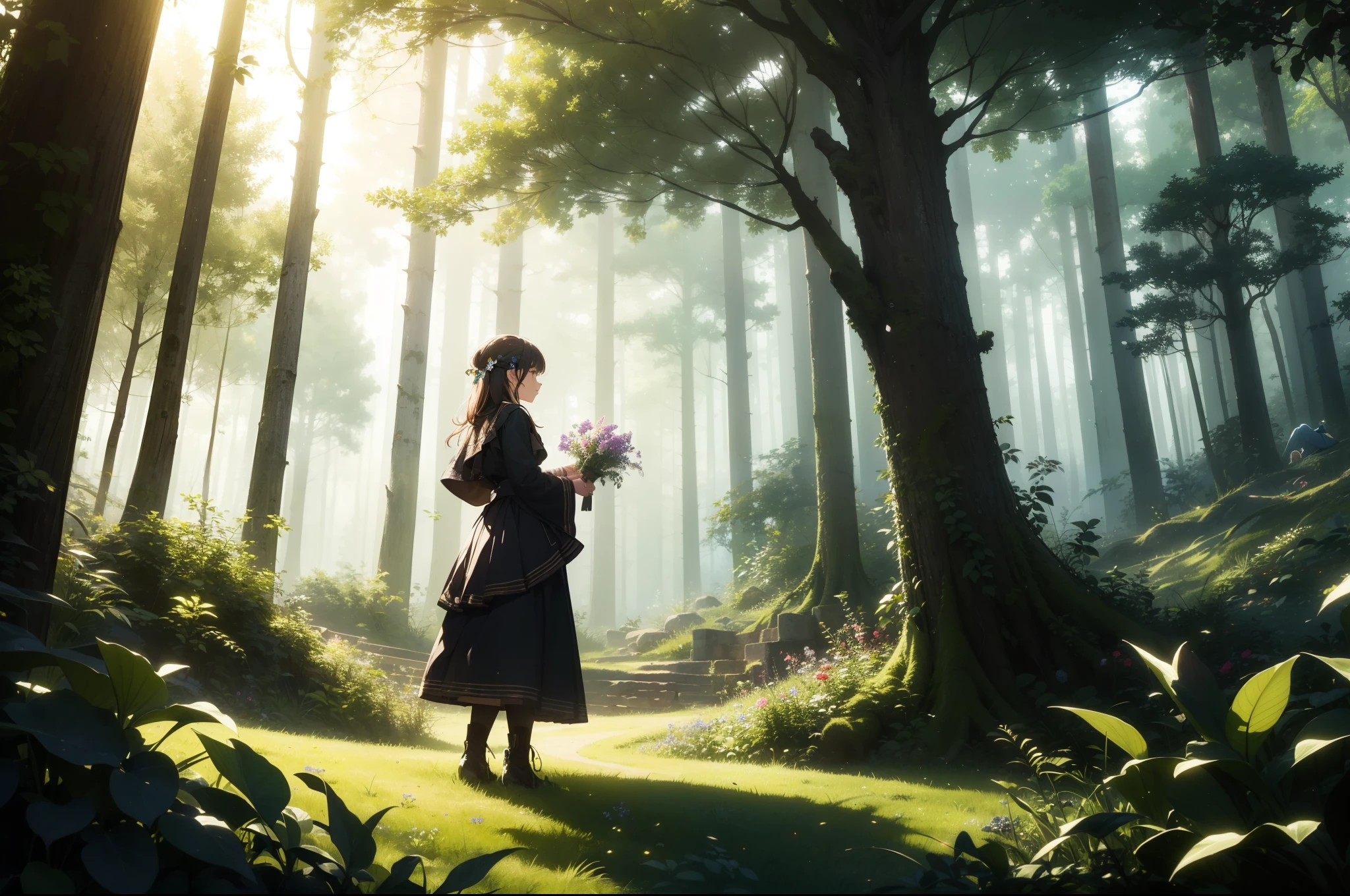 (Masterpiece: 1.2), (Best Quality), Detailed, UHD, Cinematic Lighting, Sharp Focus (Illustration: 1.1), Intricate, (Girl Picking Flowers: 2), On A Forest Slope, Big Trees Overgrown, The environment transmits tranquility