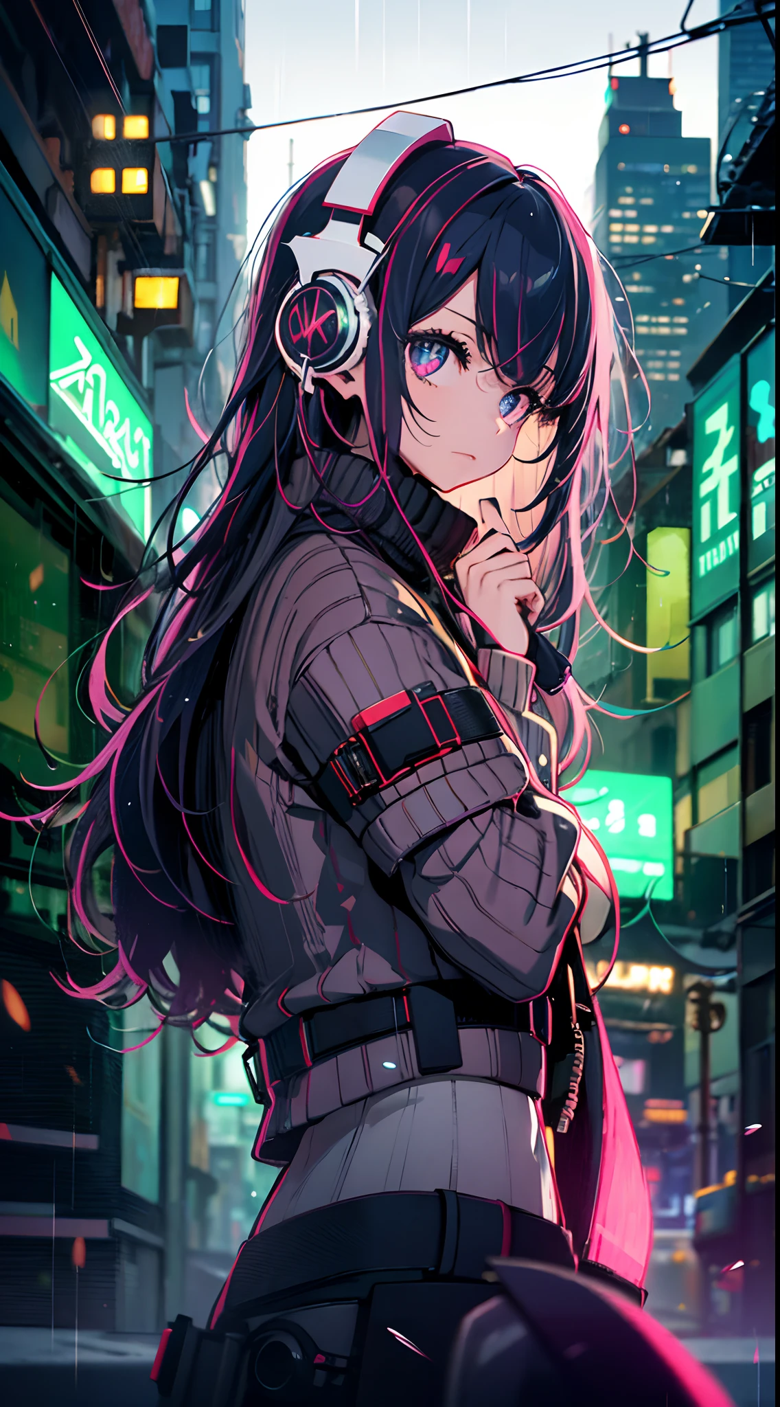 Night, colorful cyberpunk city background, rain, street, age girl in comfortable sweater, loliad phone, black stockings, backlight, looking at the audience, low angle lens, looking up lens, perfect composition, perfect light and shadow delicate, 8k