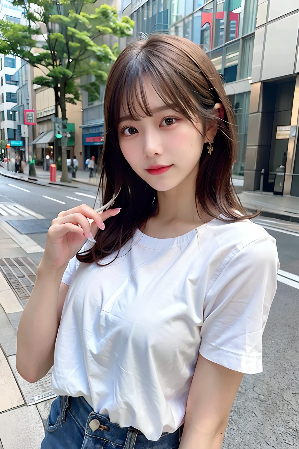 (8k, RAW photo, top quality, masterpiece: 1.2), (realistic, photoreal: 1.37), adult woman 1, Tokyo street, cityscape, daytime, upper body, double eyes, upper eyes, nose muscle, bob hair, loose wavy hair, big, white t-shirt, jeans, fair skin, pink lips, smile, delicate, holding a parasol