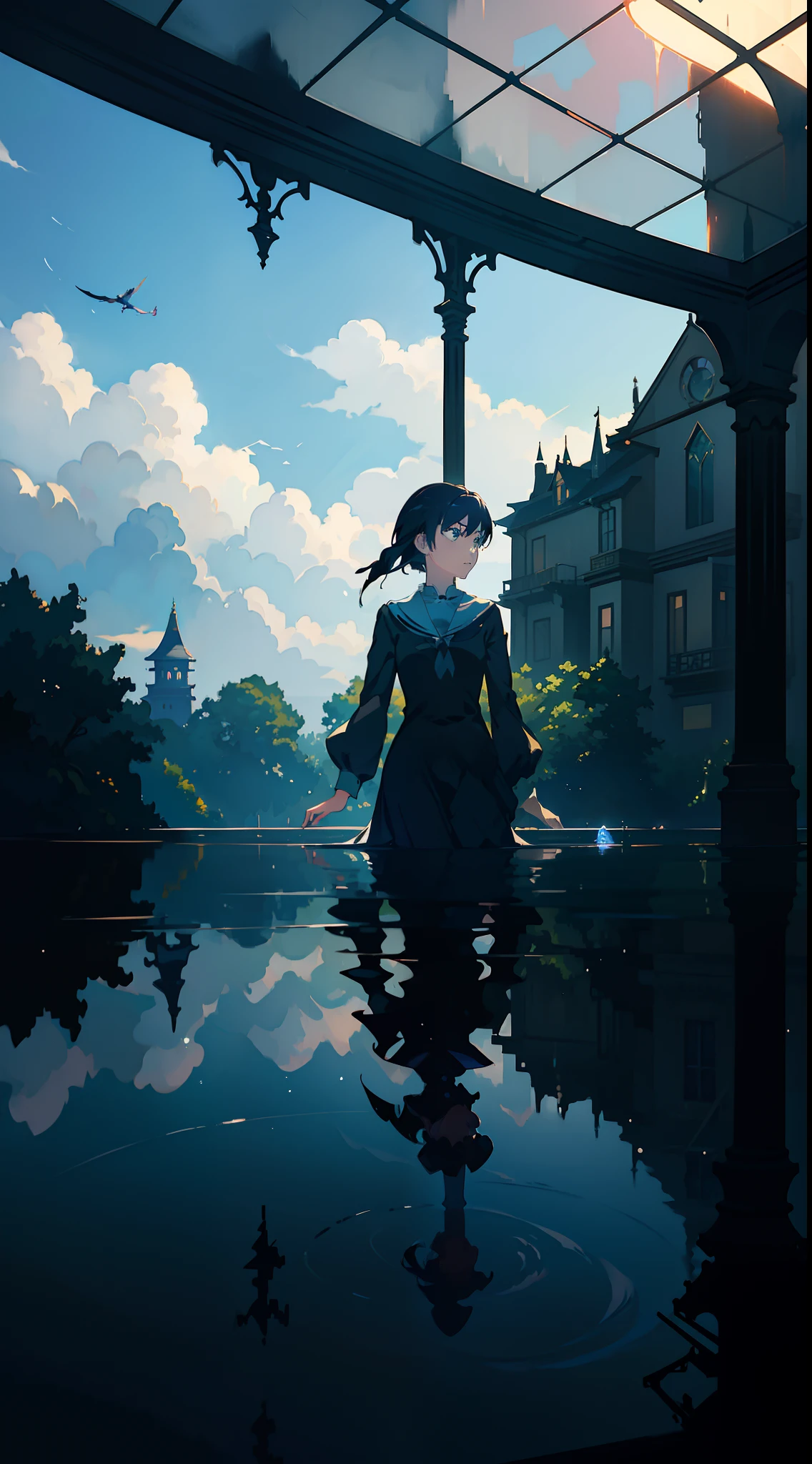 painting of a woman floating in the water, romanticism lain, cinematic lain fractal lain, studio glibly makoto shinkai, anime. by makoto shinkai, brave. by makoto shinkai, style of makoto shinkai, ( ( makoto shinkai ) ), by Makoto Shinkai, by makoto shinkai