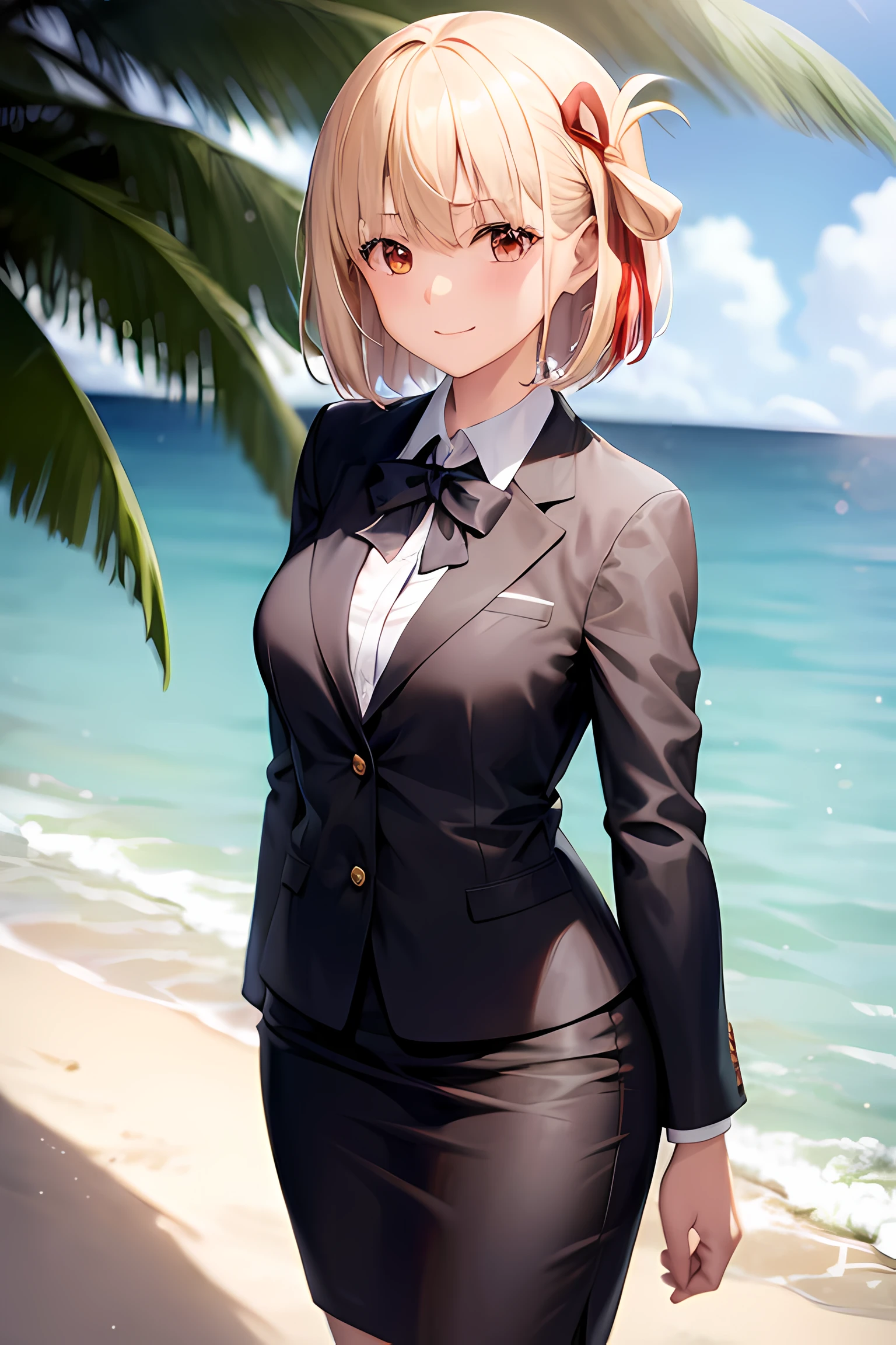 1girl, chisato nishikigi, suit, beach background, office lady, black skirt, black blazer, pencil skirt, white shirt, blonde hair, bob cut, hair ornament, red hair ribbon, short smile, ager,