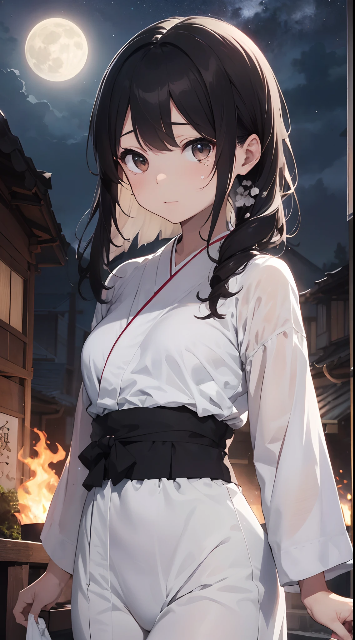 人物:Woman in white kimono and black haori、hair is black, long and tied at the back,、The face is sad and tearful、holding a bouquet of white flowers in his hand
background:Full moon shines in the night sky、There is a fire burning on the mountain、The light of the fire illuminates the figure of a woman、It's dark and quiet around
emotion:It is a custom that the fire guides the souls of the dead、Women are thinking of the deceased、Kimonos and bouquets are unified in white, the color of mourning.、The light of the moon and fire expresses loneliness and sadness.