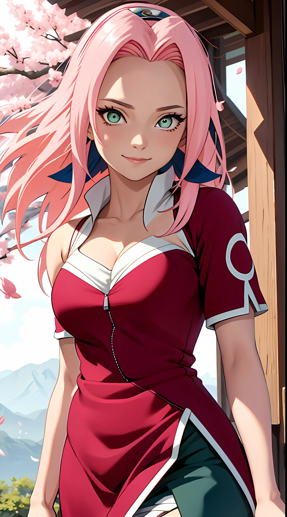 tmasterpiece, Best quality at best, 1girll, Sakura Haruno, Large breasts,Off-the-shoulder attire,(cleavage),(upperbody closeup),Raised sexy,is shy,ssmile,with pink hair, long whitr hair, (Green eyeballs:1.4), Forehead protection, the cherry trees,Cherry blossoms flying,Red clothes,Zipper half