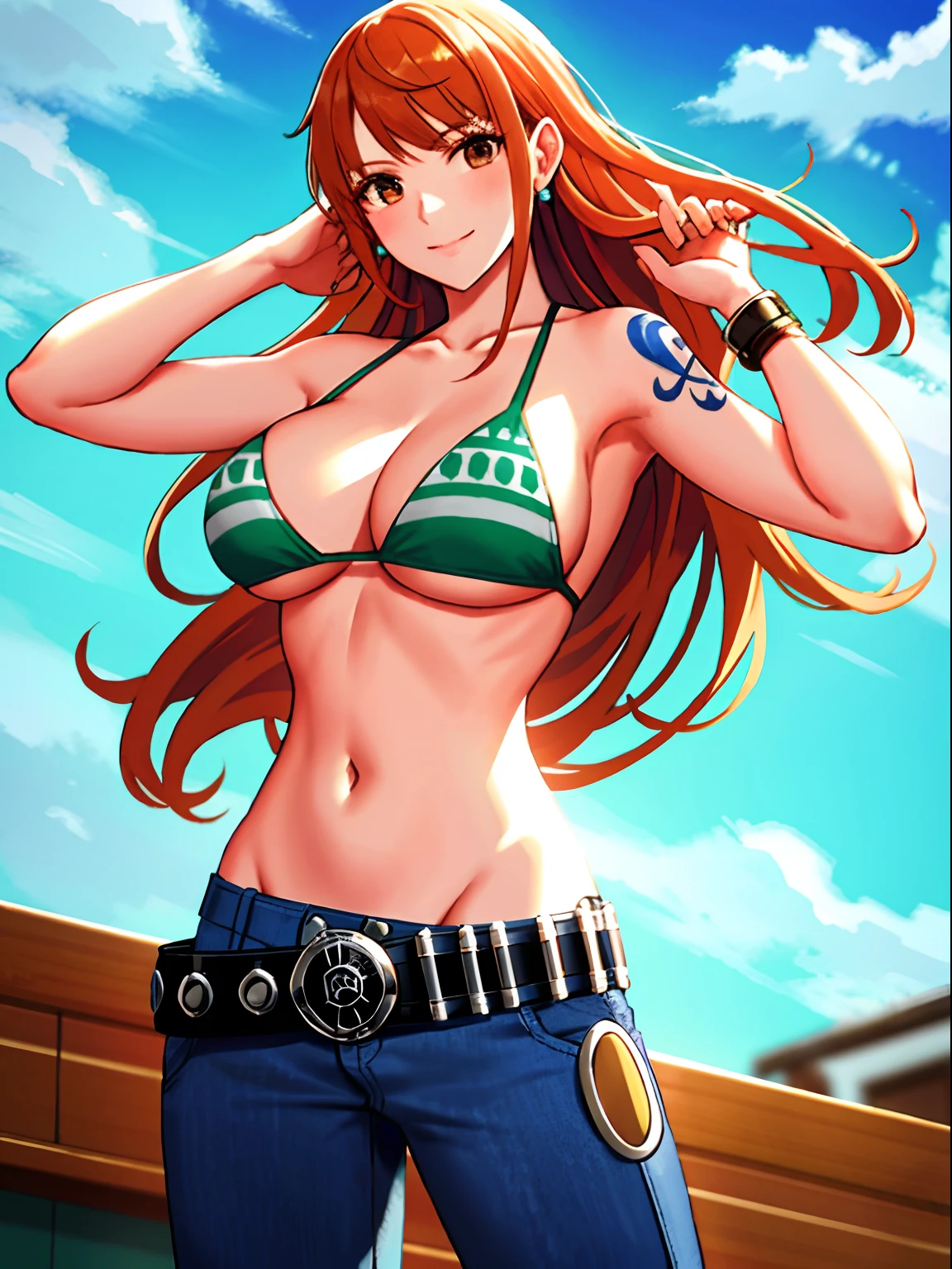 detailed background, masterpiece, 2k, center on face, nip slip, best quality, 1girl, solo, nami \(one piece\), 1girl, bangle, hands out of frame, detailed arms, strong arms, straightened arms, muscular body, flex muscles, seductive, wrestling entrance, bangs, bare shoulders, belt, bikini, bikini top only, blue sky, bracelet, , brown eyes, bubble, cleavag, cowboy shot, day, denim, earrings, floating hair, green belt, green bikini, groin, jeans, jewelry, medium breasts, log pog hair, looking at viewer, navel, orange hair, pants, shoulder tattoo, sidelocks, sky, smile, solo, standing, stomach, swimsuit, tattoo ,