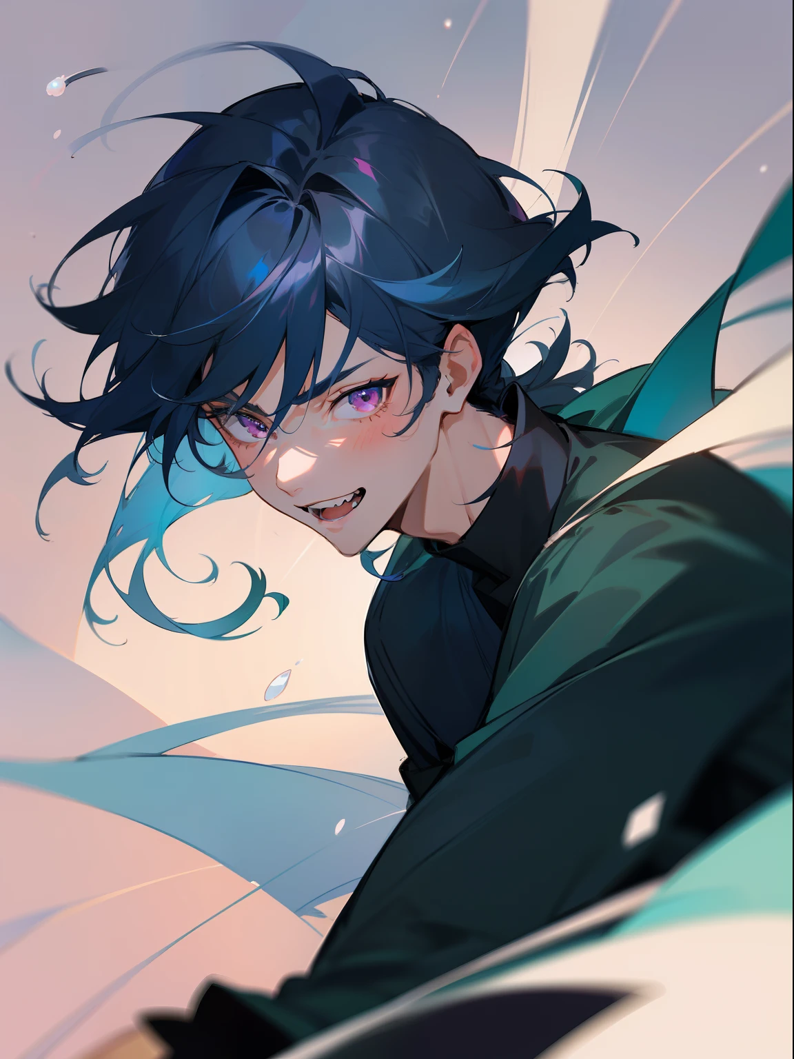 Ultra Detail,Haig Quality,sketch,1boy,matured male,Beautiful face,(Navy blue hair,Outer hair:1.3),Handsome men,Pearl skin,black tshirt,Moss Green Mod Coat,Dynamic Angle,Japan Anime,Pink eyes,Laugh,Like a cat's eye,city,male in his 20s,