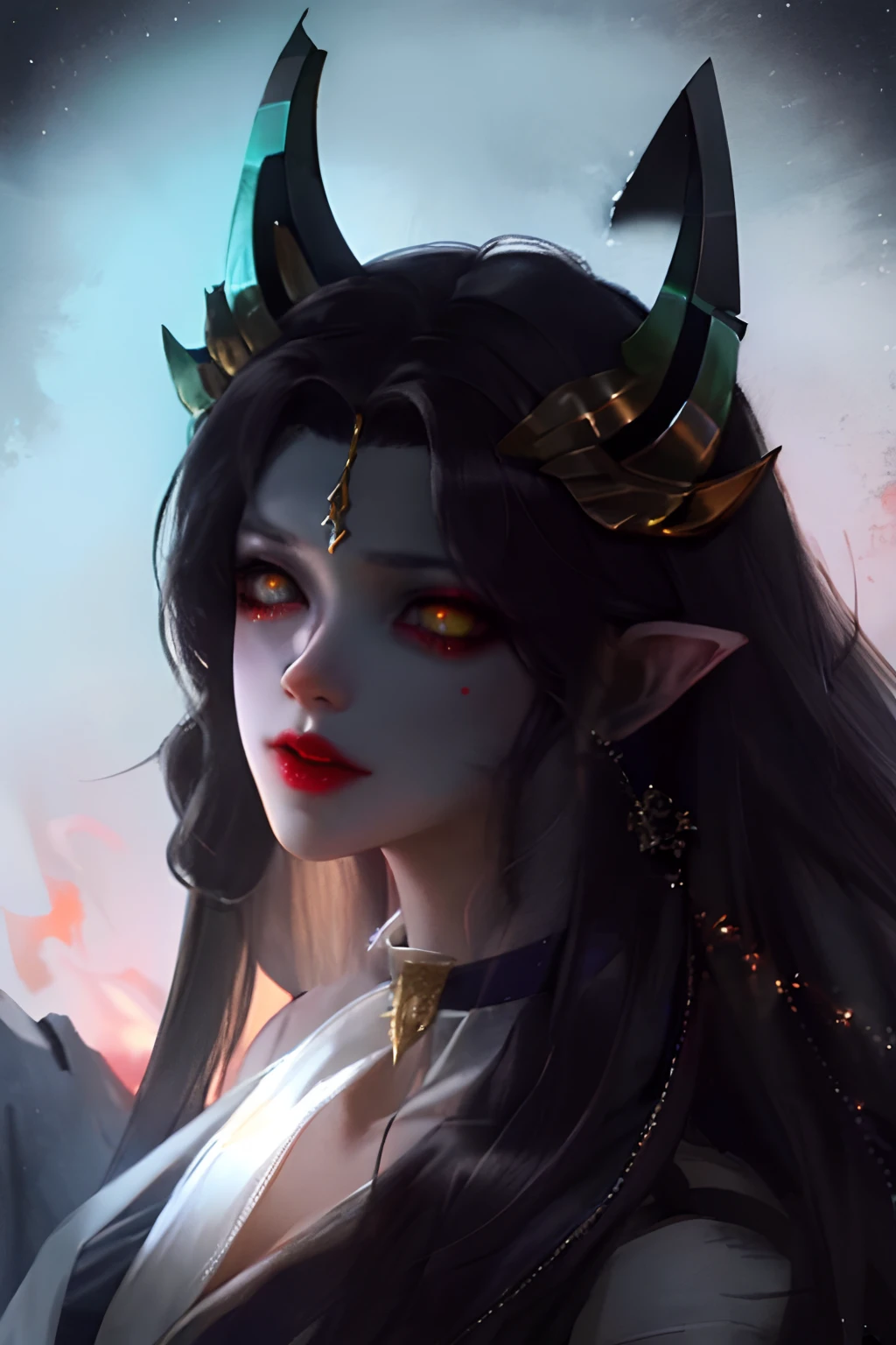 16-year-old girl,Bone body,black color hair,The barefoot,Red eyes vs. yellow eyes,Long hair flowing away,Devil's horns grow on the head,Only a white cloth was draped over his body,Indifferent face,Fox eyes