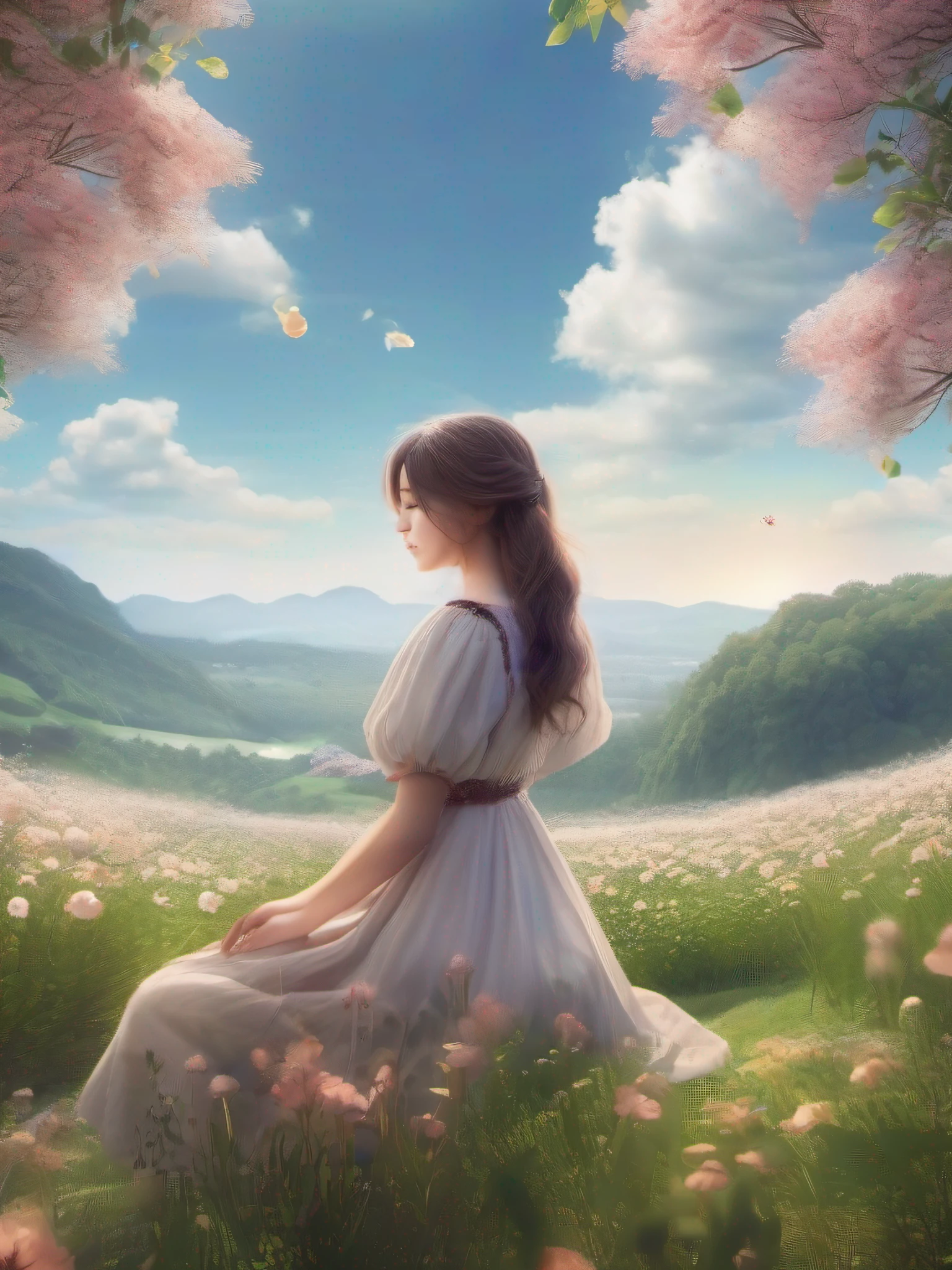 1girl, solo, Fun, Happy, smiling, looking at cloud, (flower field of Eden: 1.2), River side, Picks flowers, front of forest, The girl kneels & opens her mouth to sing, (Best quality), (masterpiece:1.3), (photorealistic:1.36), (realistic), Hi-resolution, (Highly detailed CG Unity 8k wallpaper), depth of field, Smooth hair, detailed hair, very fine hair, High-waisted dresses, puff sleeves, spring sunshine, spring flowers and grasses, natural light, Very beautiful and fantastic space. Slightly distant view, landscape-centric,