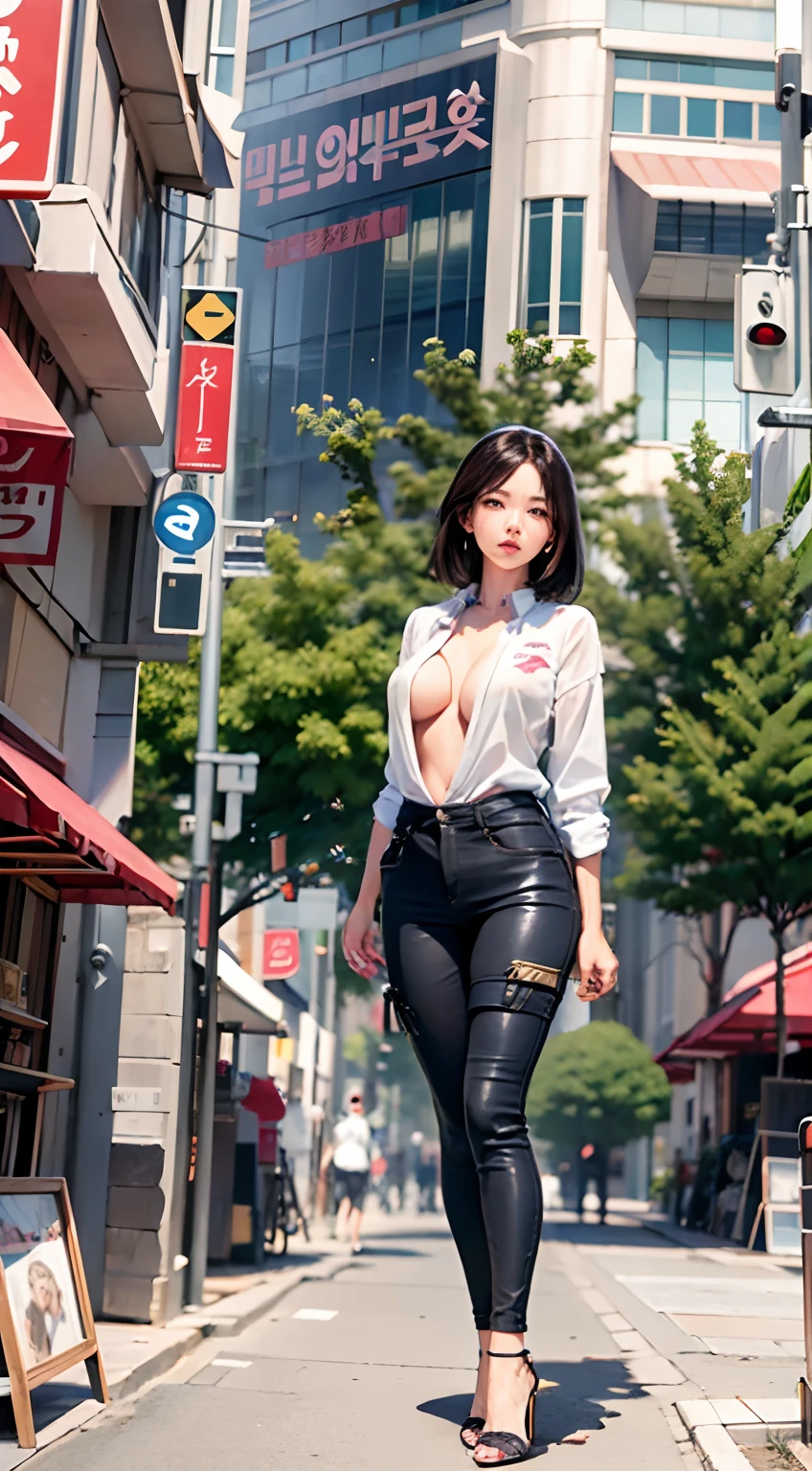 A Japanese woman walking in the city，Buildings，A plant，ssmile，Mixed Korean，The background is blurred out，focal，电影灯光，(((tmasterpiece))), ((best qualtiy)), ((Complex and detailed)), ((ultra-realistic realism)), Ridiculous resolution, A MILF, Mature woman, ssee-through, highly  detailed, illustratio, 1girll, (huge tit), Thin waist and thick hips，long leges，beatiful detailed eyes, short detailed hair, brunette color hair, a purple eye, (Workwear:1.2),Cargo jacket，Labor protection service，Lace，gossamer，（underdressing）, pantiess, 耳Nipple Ring, （stocklings），high-heels, detailed back ground, perfect  eyes, Seductive eye, looking at viewert, From the front，Wear light，