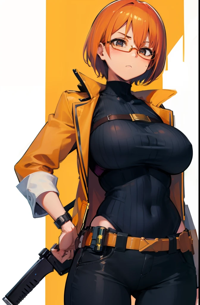 Female ,Enthusiastic, Round orange glass glasses, big breasts, Short orange hair, Small hips, Working as detective, detective clothes, investigating, weapon holsters