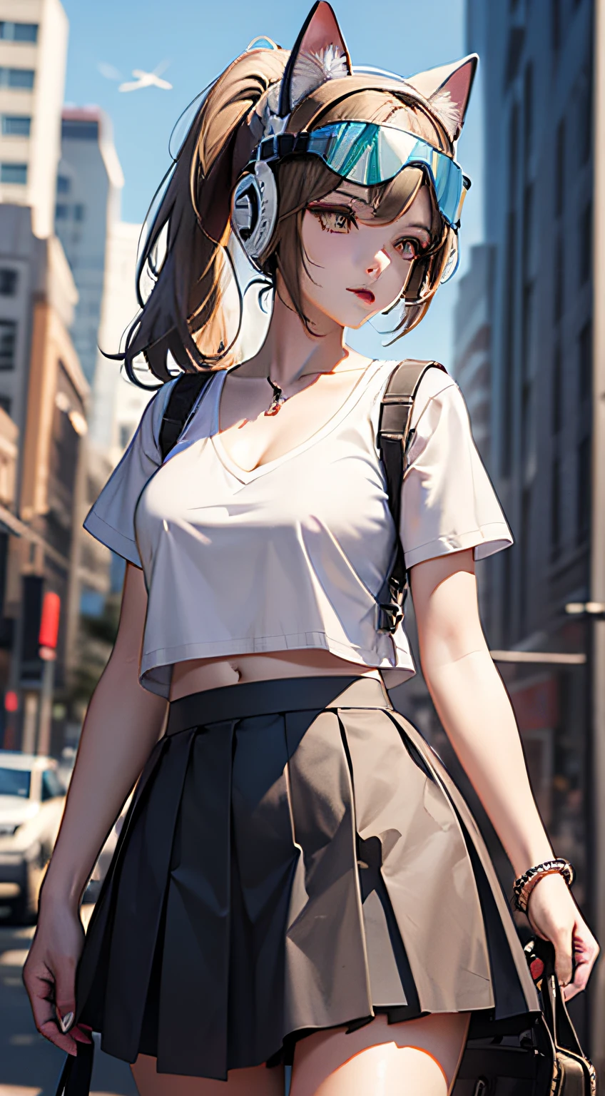A girl, (adult female: 1.21), white short sleeves, with a white helmet, (collarbone: 1.1), (white vest: 1.11), (belly button), (white long hair: 1.1), ponytail, black eyes, Pleated skirts, skirts, busts, dove circles, carrier pigeons, cat helmets, Band-Aids, wounds, busts,