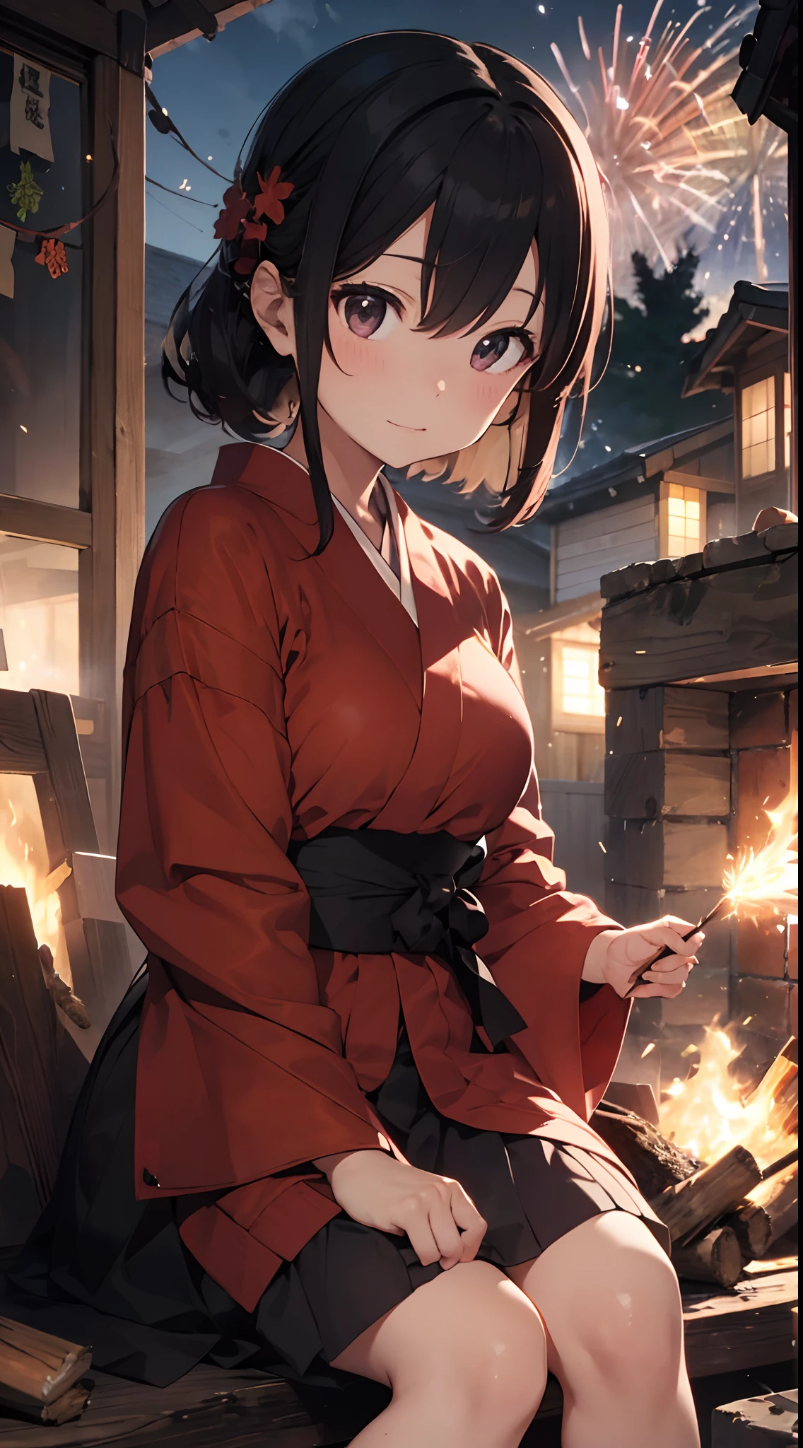 （Greeting Fire：1.8）、Woman sitting on a pile of burning sticks and firewood、komono、kimono、sparkler fireworks、teens girl、独奏、A dark-haired、closing eye、Hand to hand、loimu、obi