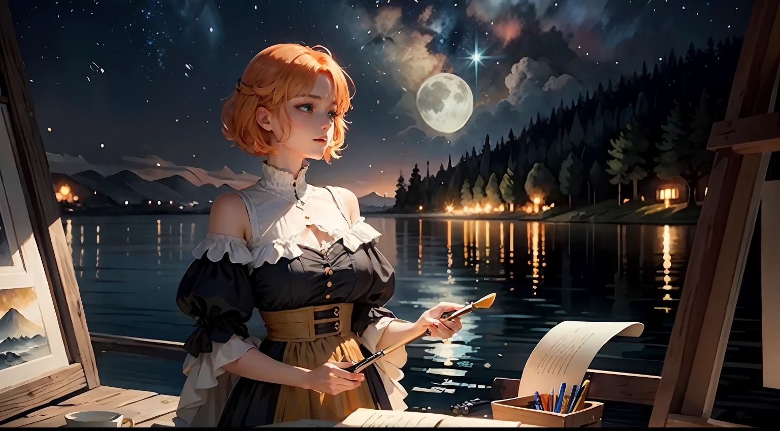 Looking up, Orange hair, Blue eyes, Shining eyes,l Girls ,The beautiful,shiny costume,fantasy,short detailed hair,Van Gogh(FGO),Perfectcomposition, 8K,starrysky,《Starry nights》,ssmile,paint brushes,Color,pigment,Exquisite,a sense of atmosphere,aethereal,Light,painting of a,Watercolor atmosphere,subtle,themoon,Manhwa Style,multicolour,Brightly colored,Color Palette,himawari