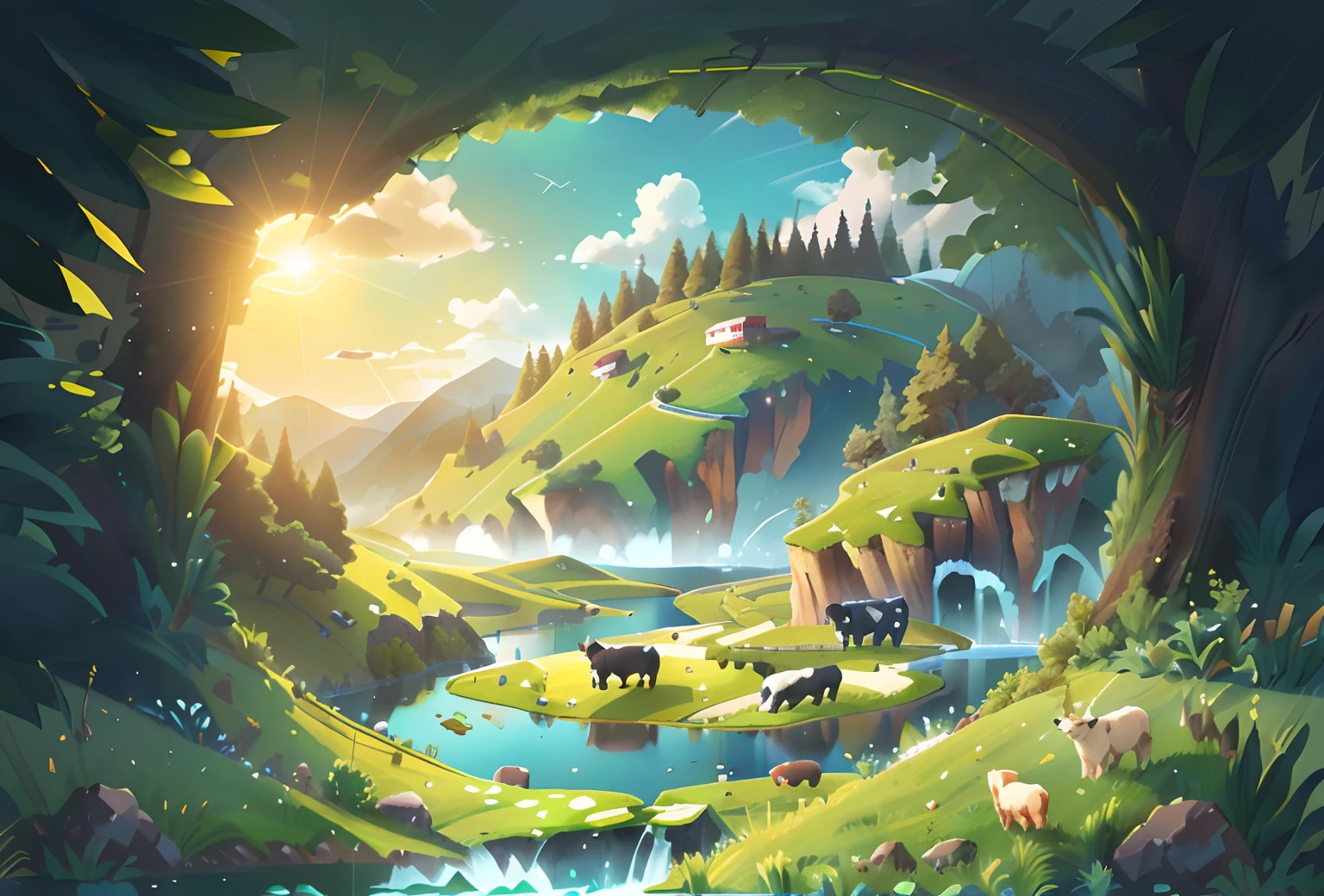 Generate grasslands around the graph,Icon shaped lake water,dairy cattle,pastures,Clear skies that take up most of the frame