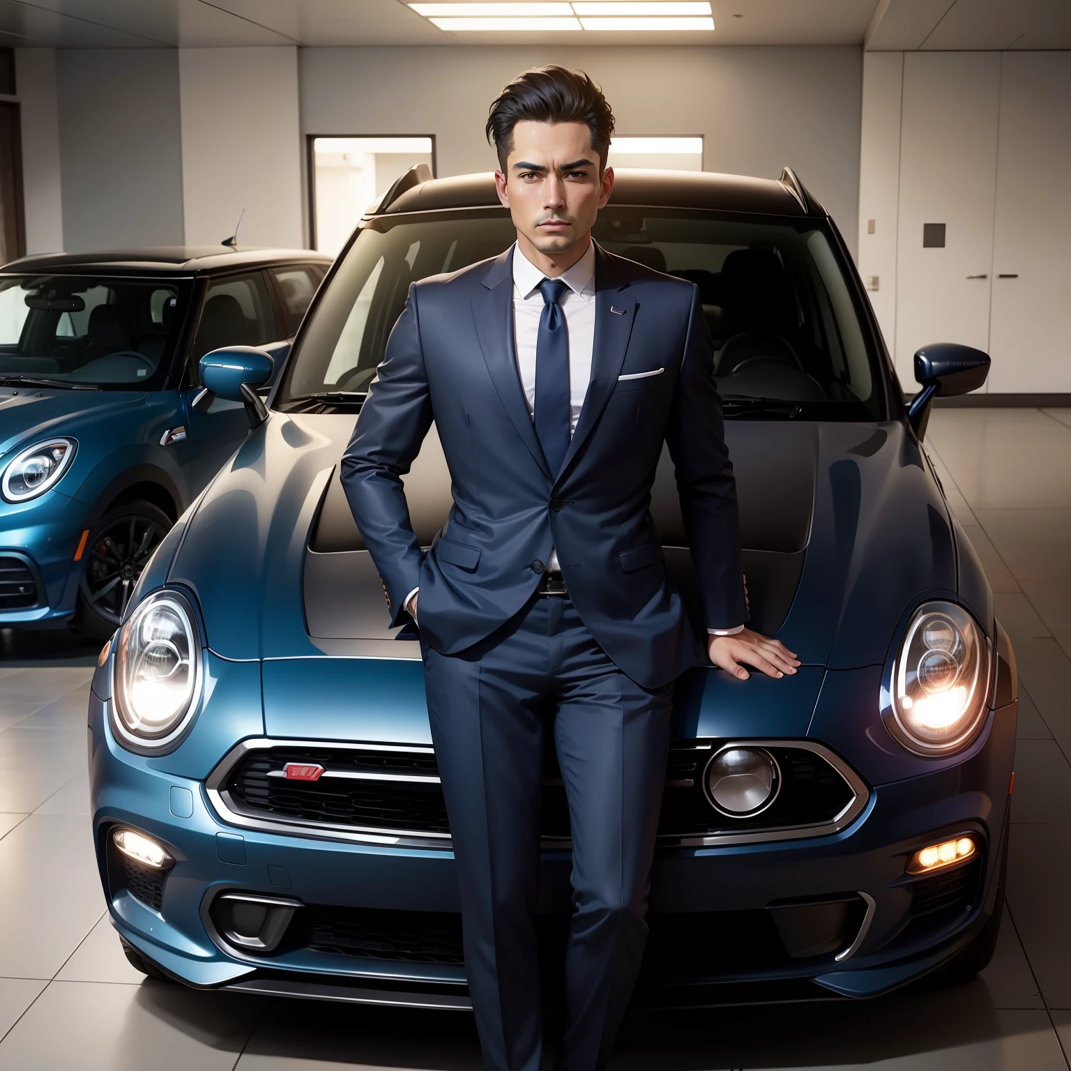 Car shop dealer japanes ember Wearing a navy blue suit The background is a mini car