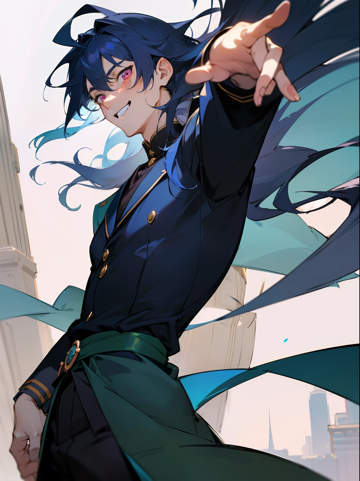 Ultra Detail,Haig Quality,sketch,1boy,matured male,Beautiful face,(Navy blue hair,Outer hair:1.3),Handsome men,Pearl skin,black tshirt,Moss Green Mod Coat,Dynamic Angle,Japan Anime,Pink eyes,Laugh,Like a cat's eye,city,male in his 20s,