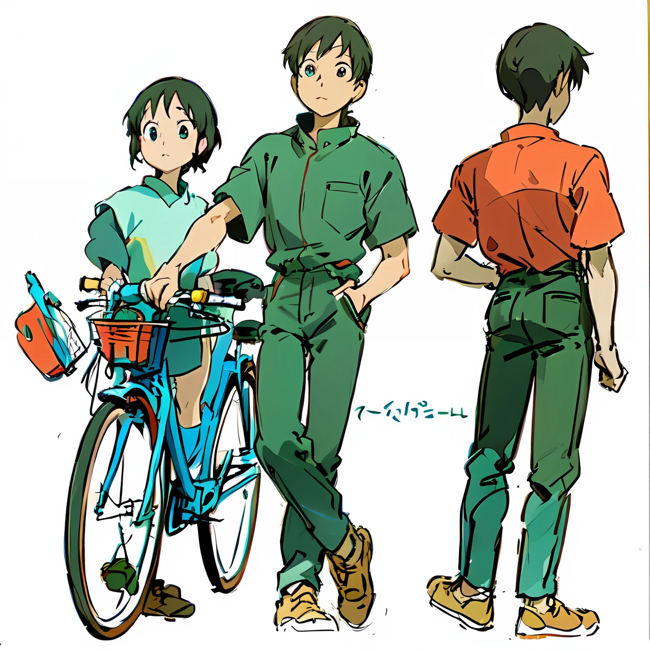 anime characters standing next to each other with a bicycle, hayao miyazaki style, by Sadamichi Hirasawa, ghibli style