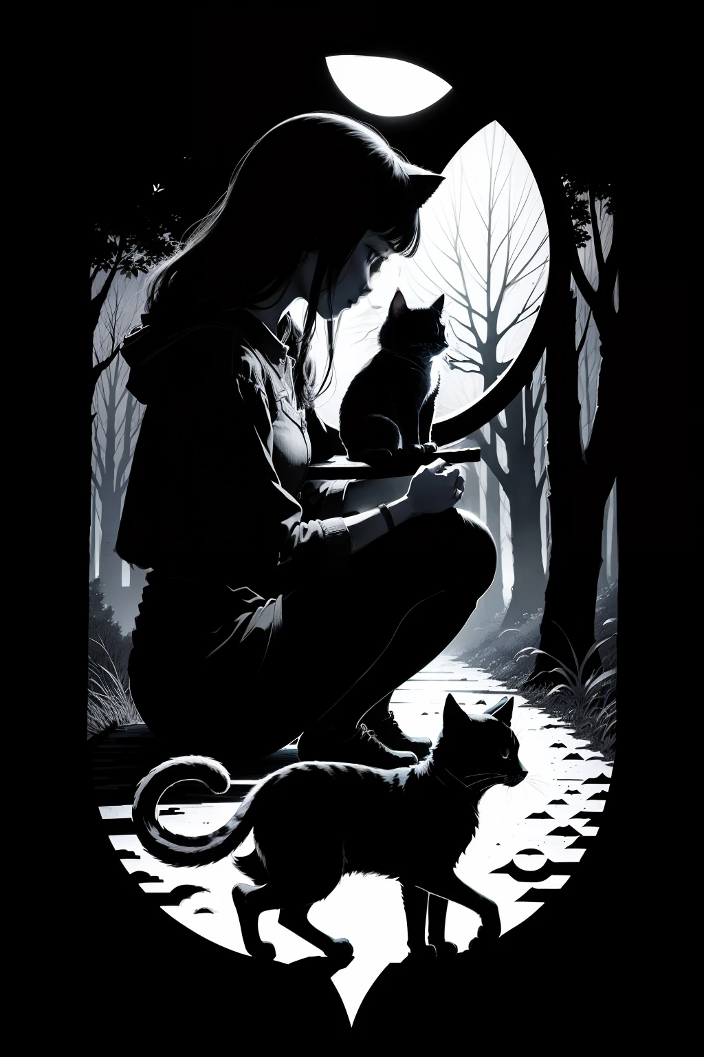 Cat, girl, the woods, Moonlight、black-and-white、PAPERCUT、Hunting