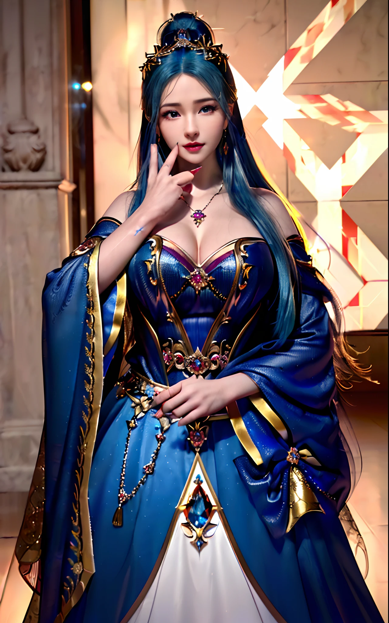 ((realisticity: 1.2)), ((realistic: 8K UHD)), ((best resolution: 8K UHD)), hyper detailed, best quality,masterpiece,highres,cg, ((1 girl hyper detailed and hyper realistic) ) , ((beautiful queen, hyper realistic and hyper detailed)),((white skin, beautiful, smooth, youthful, hyper realistic and hyper detailed )), ((Face hyper beautiful, white, hyper realistic and hyper detailed ) ), long hair, ((hyper realistic and hyper detailed dress)), solo, ((hyper realistic, hyper beautiful, beautiful and hyper detailed jewelry)), ((hyper beautiful deep red and golden yellow dress, hyper realistic and hyper detailed )) , ((Her pretty, hyper realistic, hyper detailed diamond filled earrings)), ((Her gorgeous diamond haircut, hyper realistic and hyper detailed)), ((hyper pretty upper body, hyper beautiful, hyper realistic and hyper detailed) ), ((medium breast: 1.1)), ((hyper realistic, hyper pretty, hyper detailed boobs)), ((the backgroun of the royal palace is hyper majestic, hyper realistic and hyper detailed)),((hands and palms hyper beautiful, hyper detailed, hyper realistic)), ((hyper detailed and hyper realistic fingers and fingernails)), ((hyper pretty fingernails, hyper vivid, hyper detailed, hyper realistic)), ((thumb, index finger, middle finger, ring finger, little finger hyper vivid, hyper pretty, hyper detailed, hyper realistic)),
((hyper beautiful fingers, hyper detailed, and hyper realistic)), ((posture not too fat and not too thin, hyper realistic, hyper detail)), ((hyper pretty, hyper pretty, hyper realistic and hyper detailed hair bun)), ((hyper pretty , hyper realistic and hyper detailed blue hair)), candid, Photo, high resolution, 8k , bokeh,