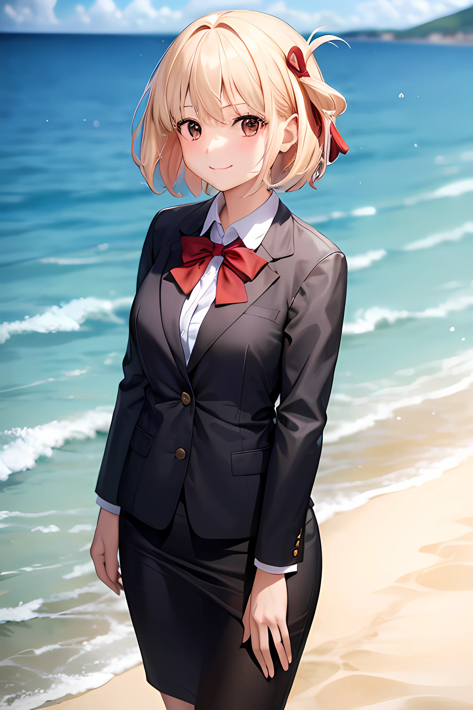 1girl, chisato nishikigi, suit, beach background, office lady, black skirt, black blazer, pencil skirt, white shirt, blonde hair, bob cut, hair ornament, red hair ribbon, short smile, teenager,
