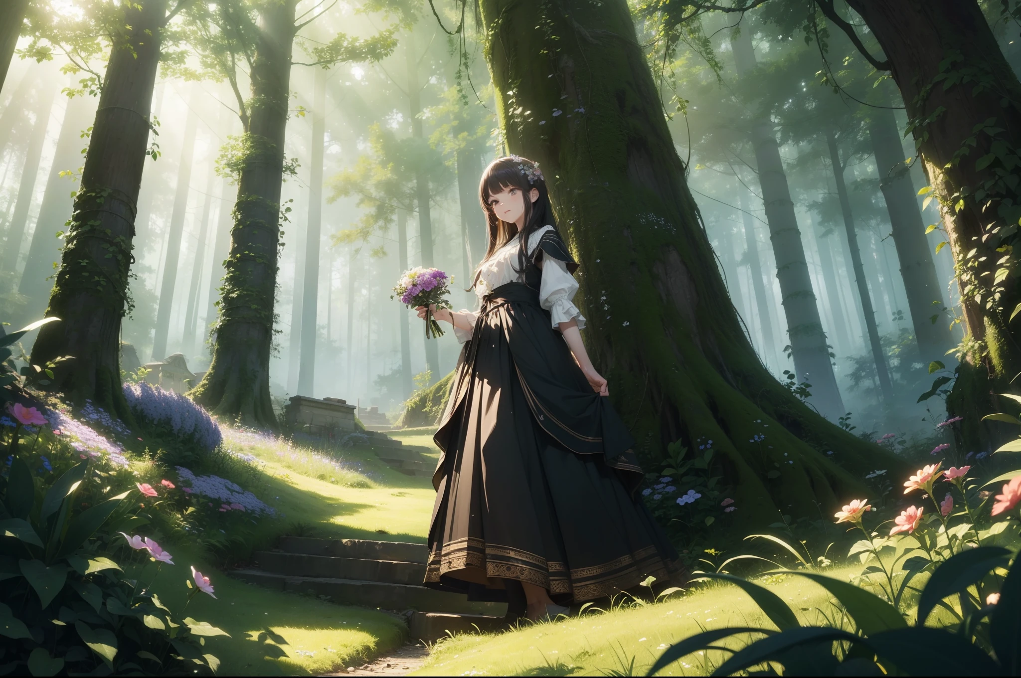 (Masterpiece: 1.2), (Best Quality), Detailed, UHD, Cinematic Lighting, Sharp Focus (Illustration: 1.1), Intricate, (Girl Picking Flowers: 2), On A Forest Slope, Big Trees Overgrown, The environment transmits tranquility