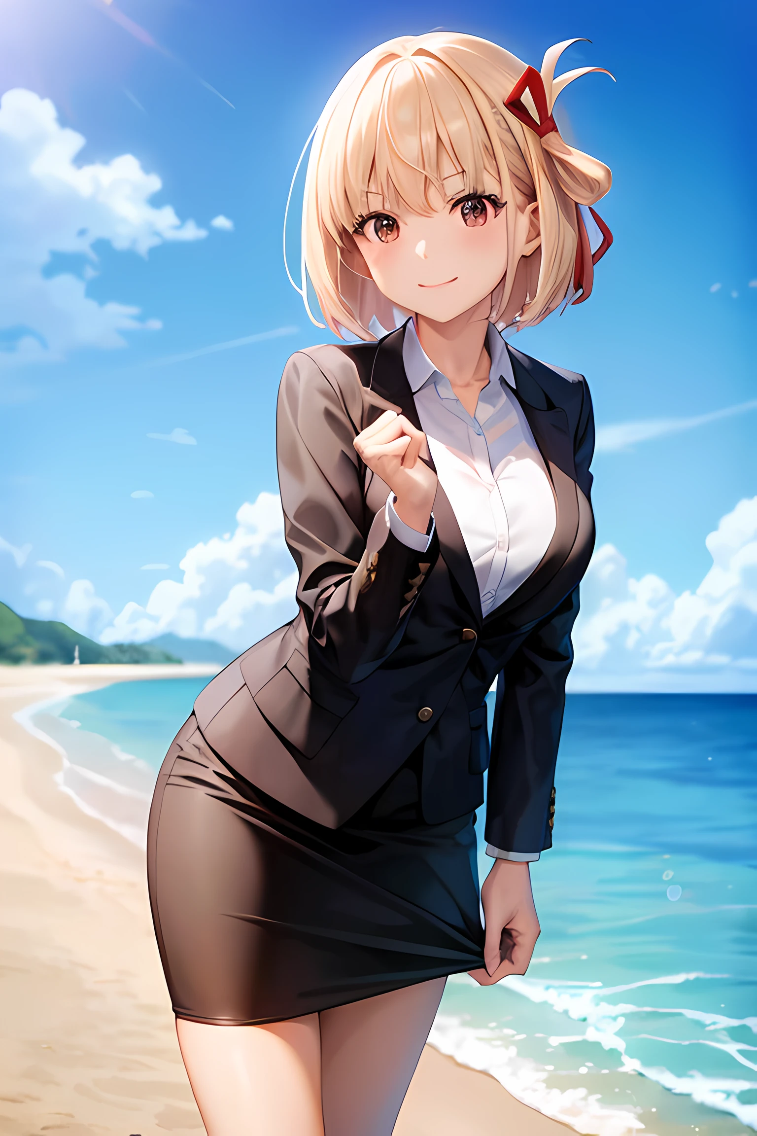 1girl, chisato nishikigi, suit, beach background, office lady, black skirt, black blazer, pencil skirt, white shirt, blonde hair, bob cut, hair ornament, red hair ribbon, short smile, teenager,