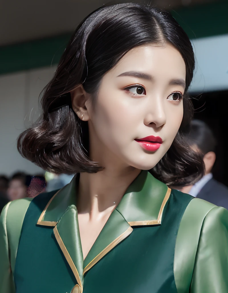 Korean air hostess in 20s, wavy bob, coral lipstick, green uniform dress, black pumps, pushing snack cart down aisle, huge size, detailed face. (8K, Best Quality: 1.2), (Masterpiece, Photorealistic: 1.3), Super Detail, anatomically correct