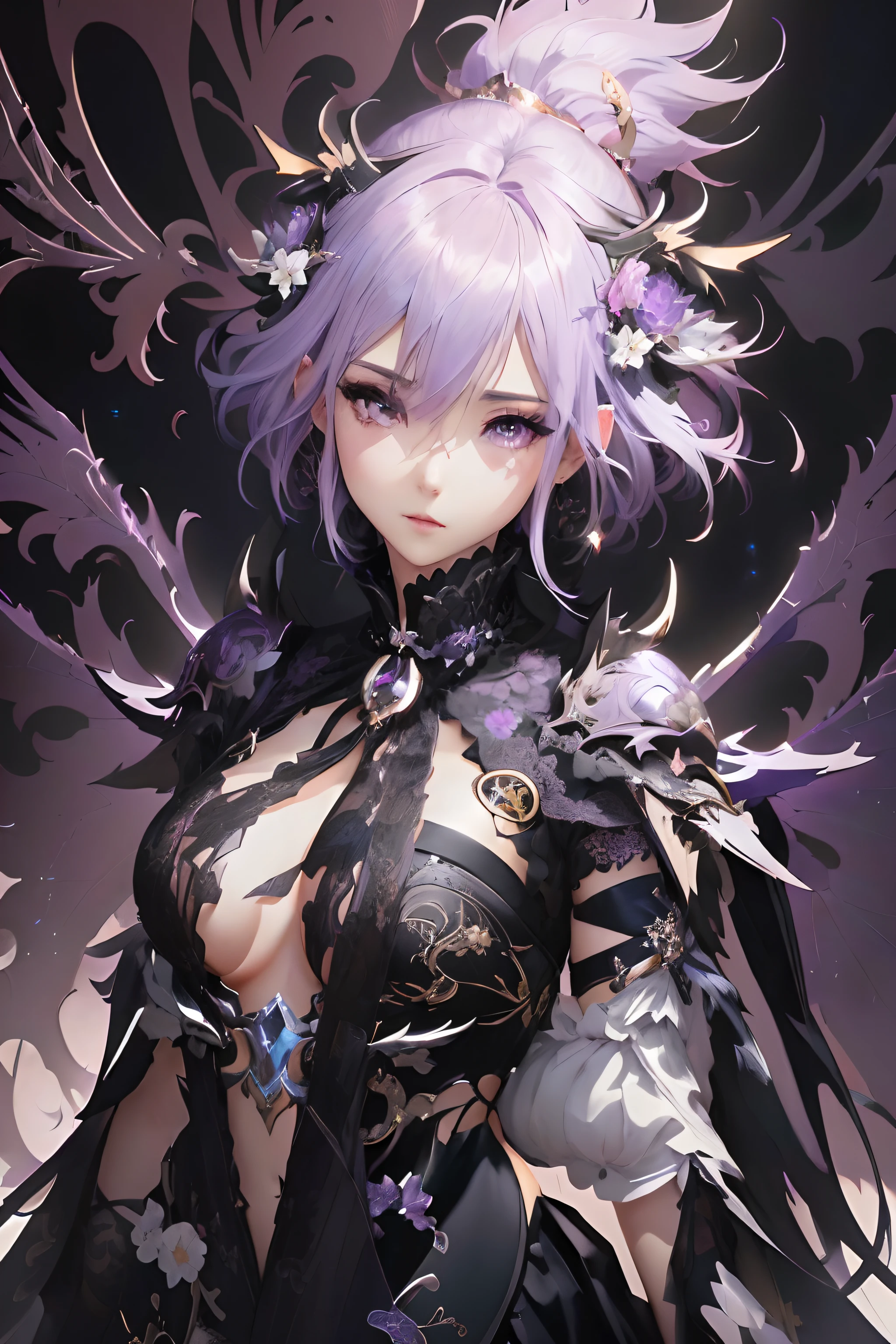 anime girl with purple hair and black dress with wings, detailed digital anime art, 8k high quality detailed art, best anime 4k konachan wallpaper, guweiz on pixiv artstation, detailed anime character art, guweiz, detailed anime artwork, intricate ornate anime cgi style, guweiz on artstation pixiv, detailed key anime art