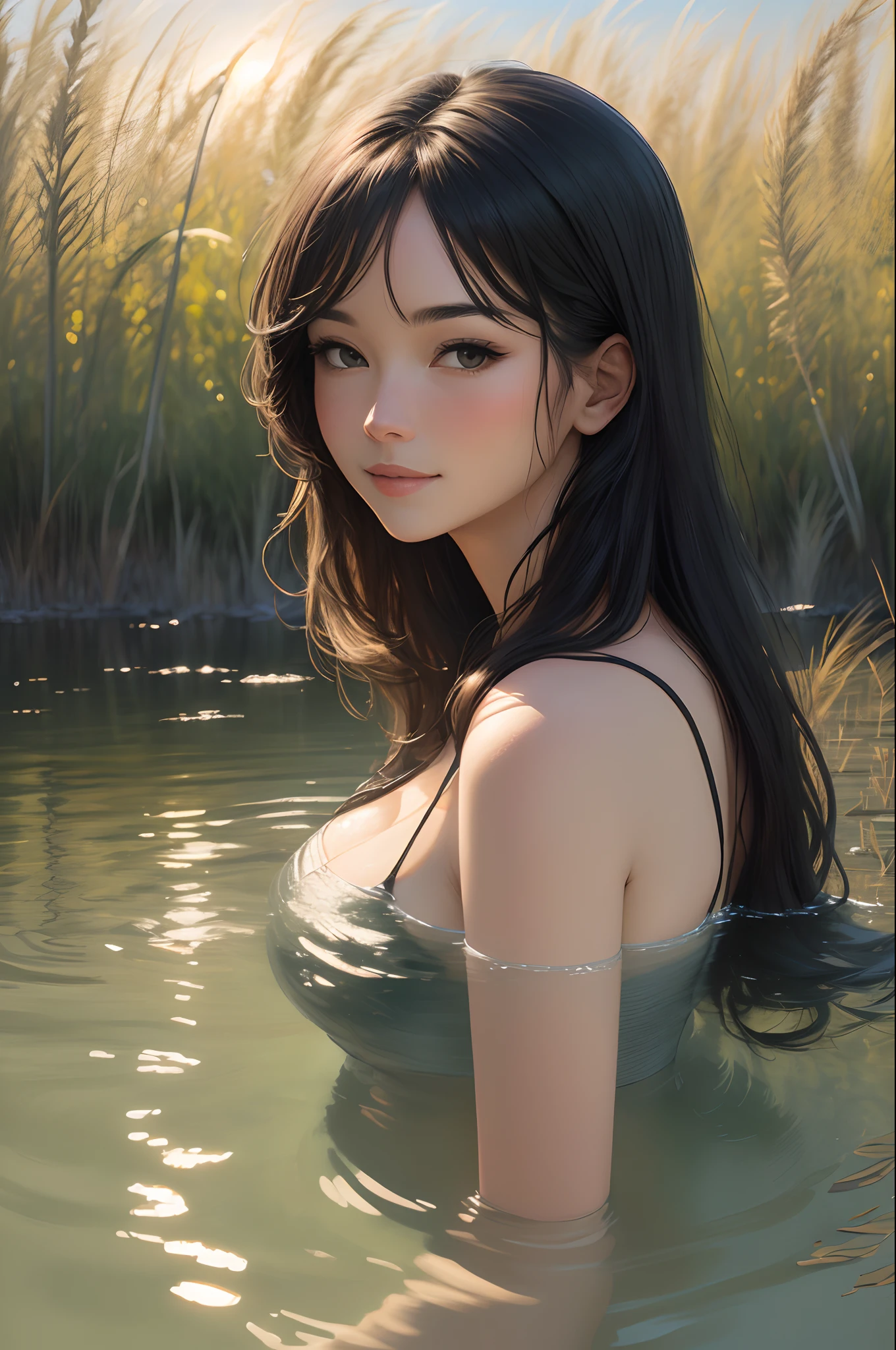 Close up portrait of a lovely woman (GLDOT) Bathe in the river, phragmites, (The light from the back window is backlighted),comic strip
