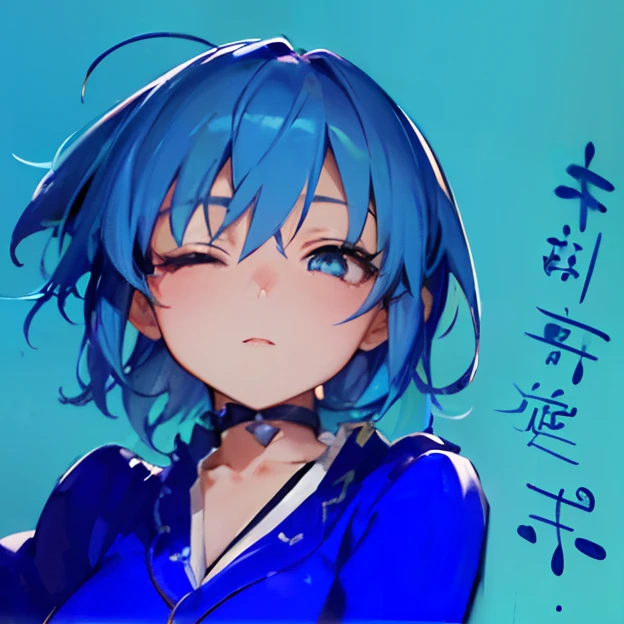 ((Best Quality, ultra-detailed CG unity 8k壁紙+​masterpiece)), Blue hair and collar, Beautiful expression, Two-dimensional anime style, Moe Art Style, Anime style, Woman winking, Painting Tools SAI Patron, Blue suit with collar, short blue hair, a choker