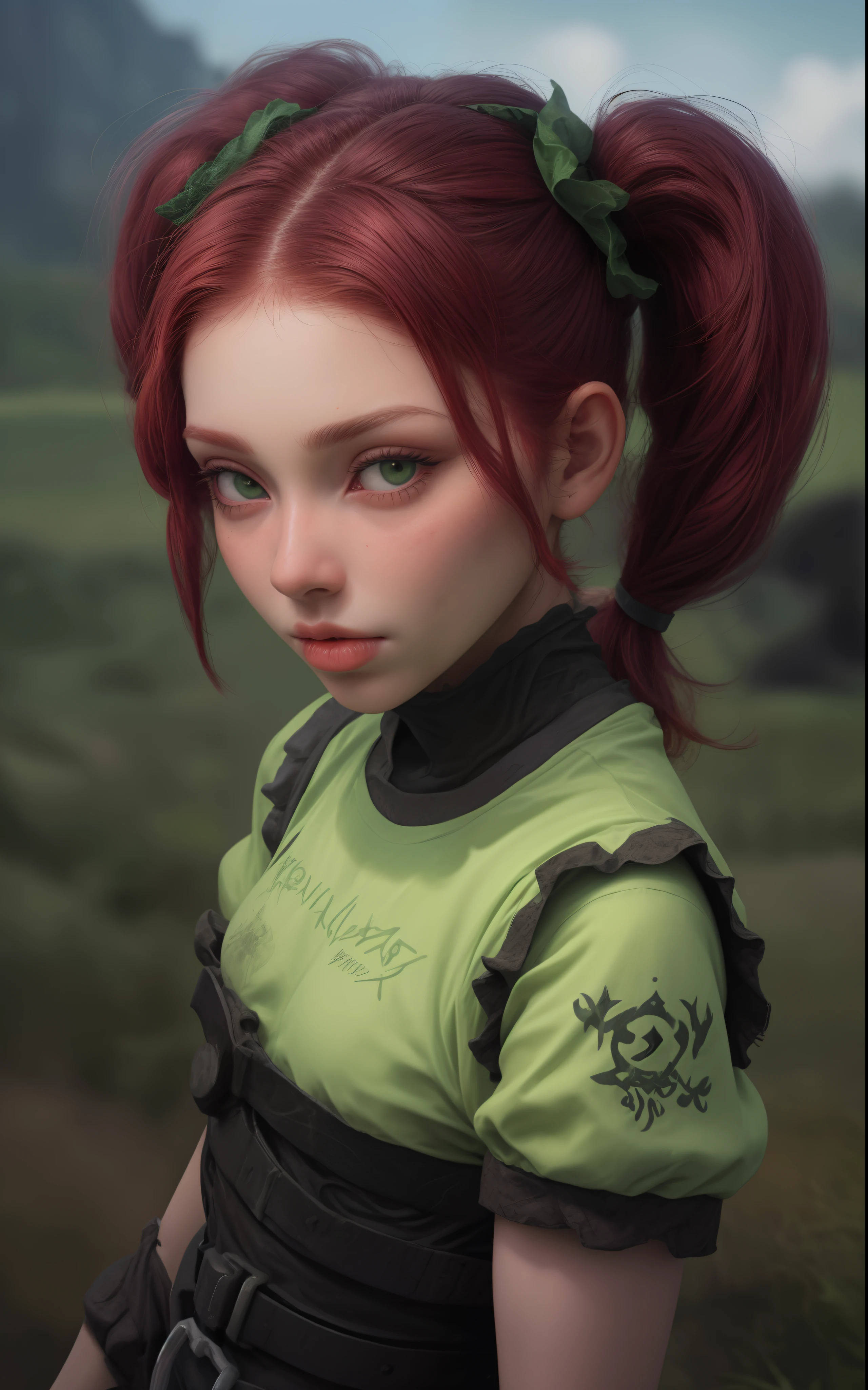 Rosto  de uma mulher ruiva,(olhos normais verdes),Cabelo pigtails com franja, pele detalhada com sardas a bochecha,small mouth fleshy lips ,Camera angle up close,Maximum resolution of 8k